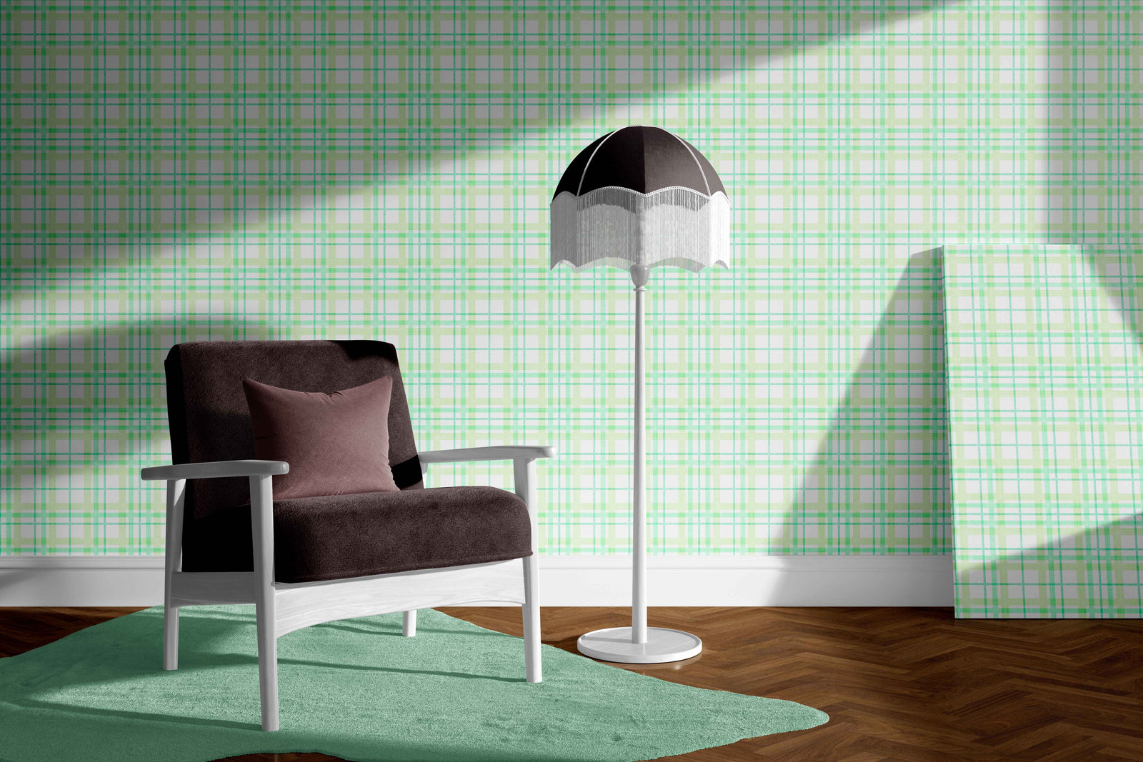 light-green_Soft plaid pattern featuring layered grid lines in light green and aqua tones, with a subtle woven texture and airy, translucent effect on a pale background in a room with a brown chair.