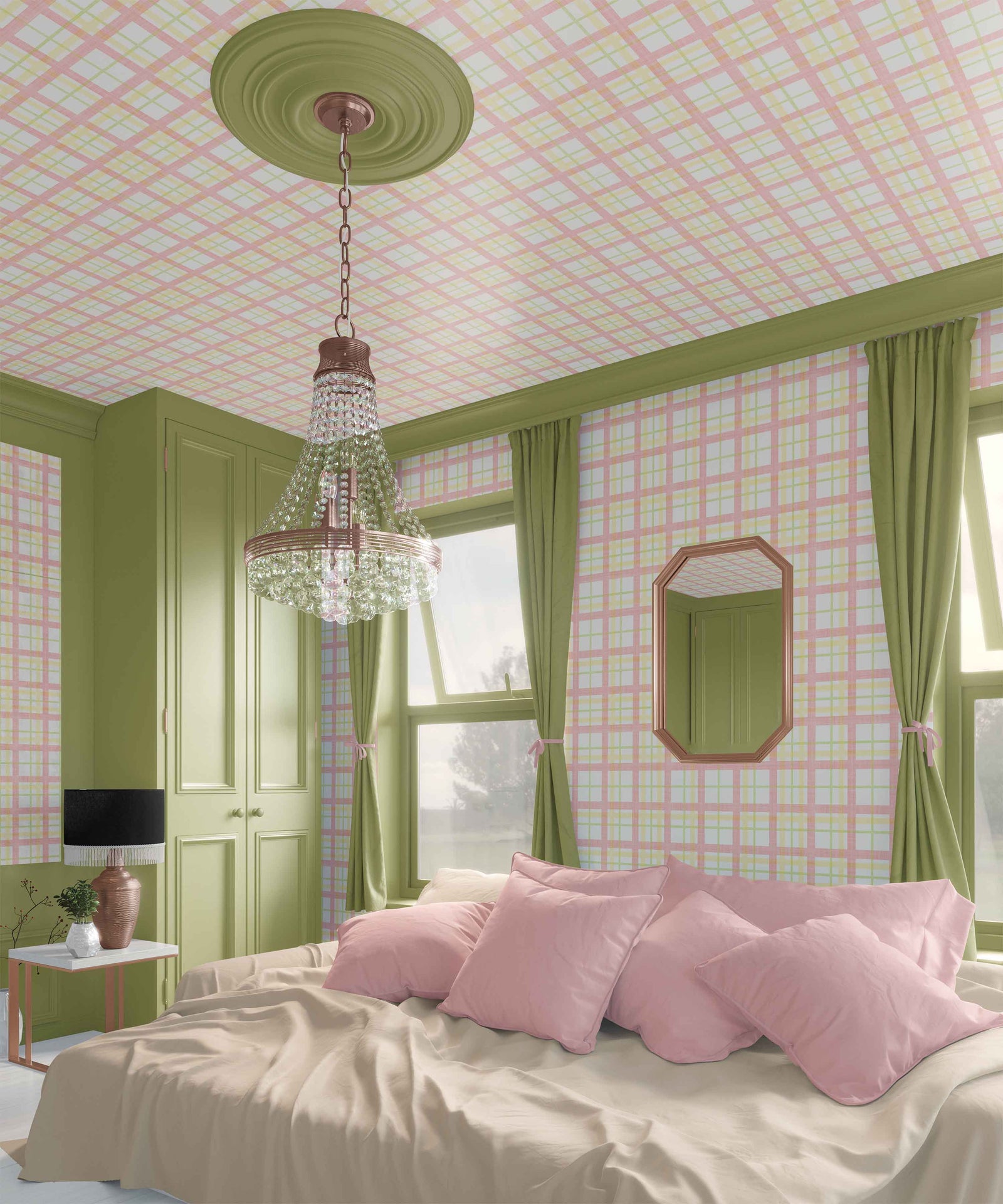 sunshine_Soft plaid pattern featuring layered grid lines in light green, yellow and pink tones, with a subtle woven texture and airy, translucent effect on a pale background in a bedroom with a cream bed.