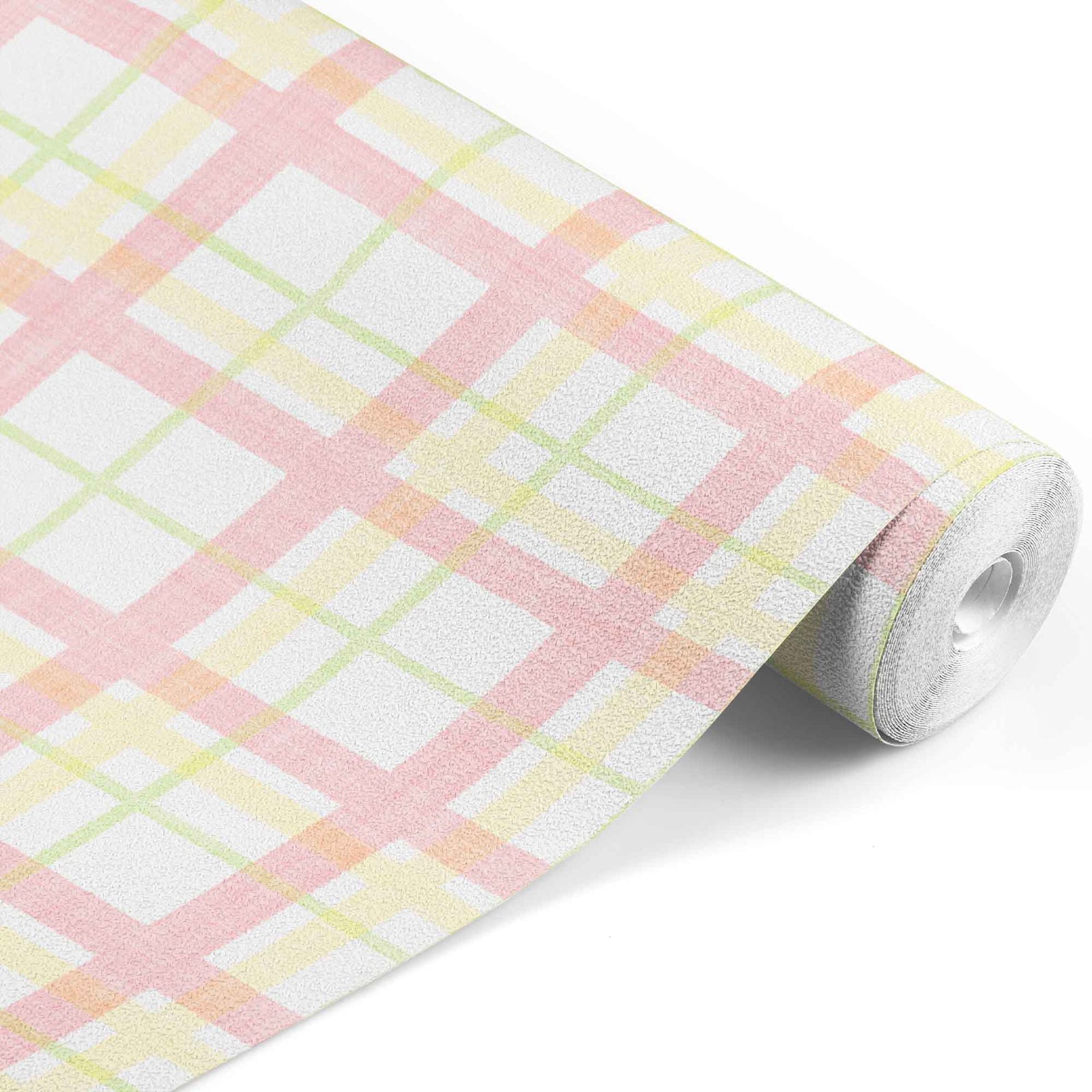 sunshine_Soft plaid pattern featuring layered grid lines in light green, yellow and pink tones, with a subtle woven texture and airy, translucent effect on a pale background.