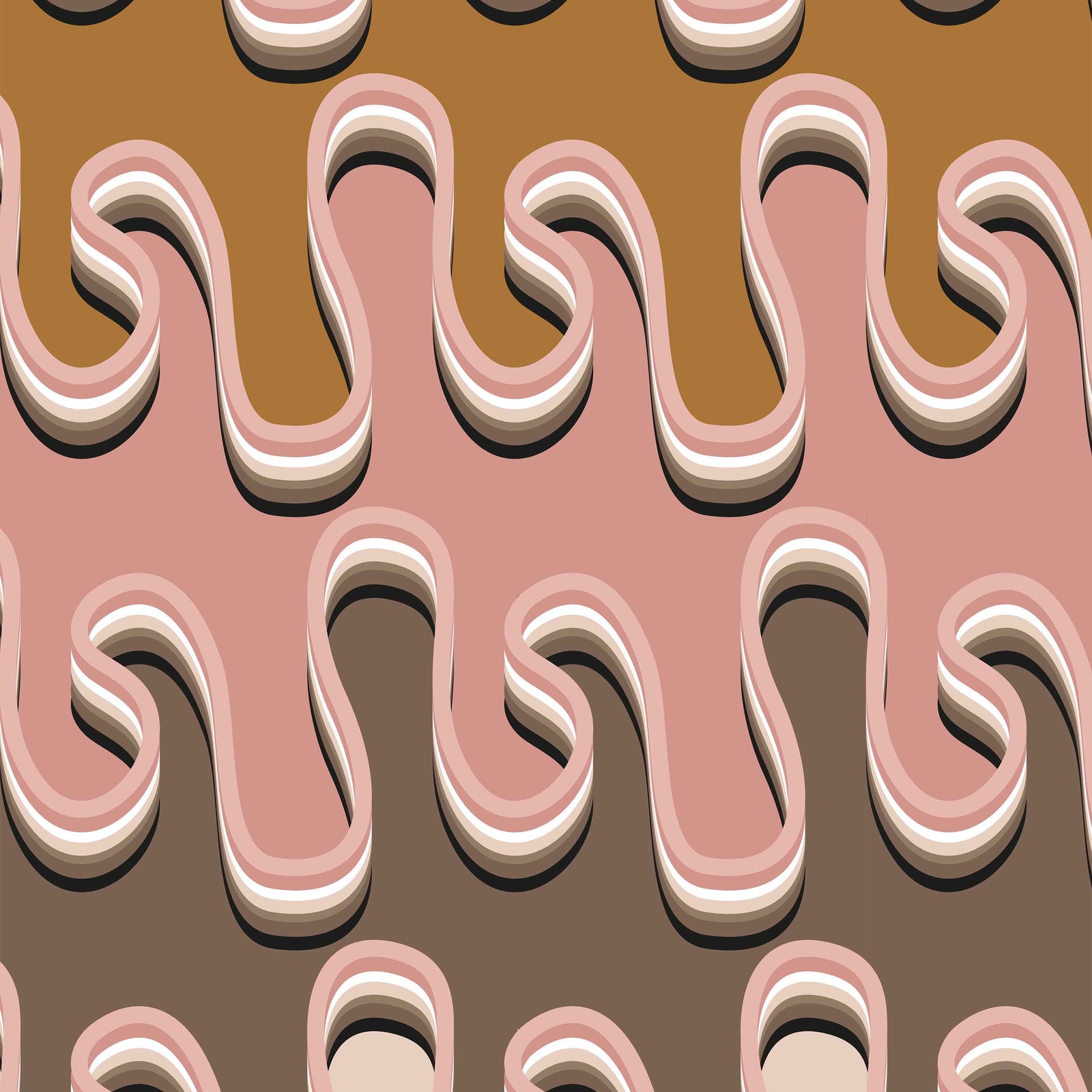 pink_Retro abstract pattern featuring layered, flowing wavy forms in warm tones of blush, tan, cream, and brown, creating a dimensional, psychedelic-inspired look with soft, rounded edges.