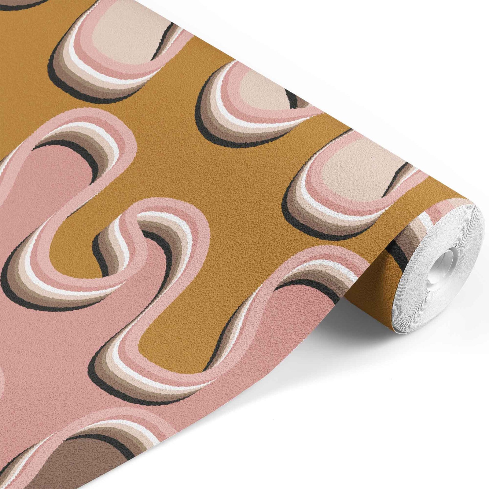 pink_Retro abstract pattern featuring layered, flowing wavy forms in warm tones of blush, tan, cream, and brown, creating a dimensional, psychedelic-inspired look with soft, rounded edges.