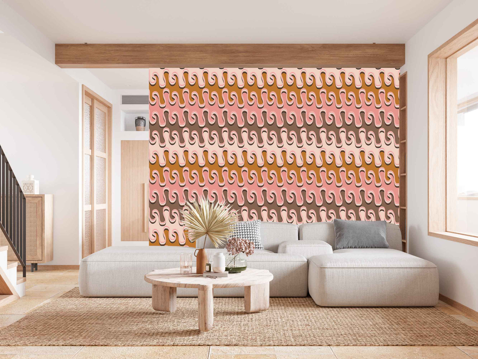 pink_Retro abstract pattern featuring layered, flowing wavy forms in warm tones of blush, tan, cream, and brown, creating a dimensional, psychedelic-inspired look with soft, rounded edges in a living room with a cream couch.