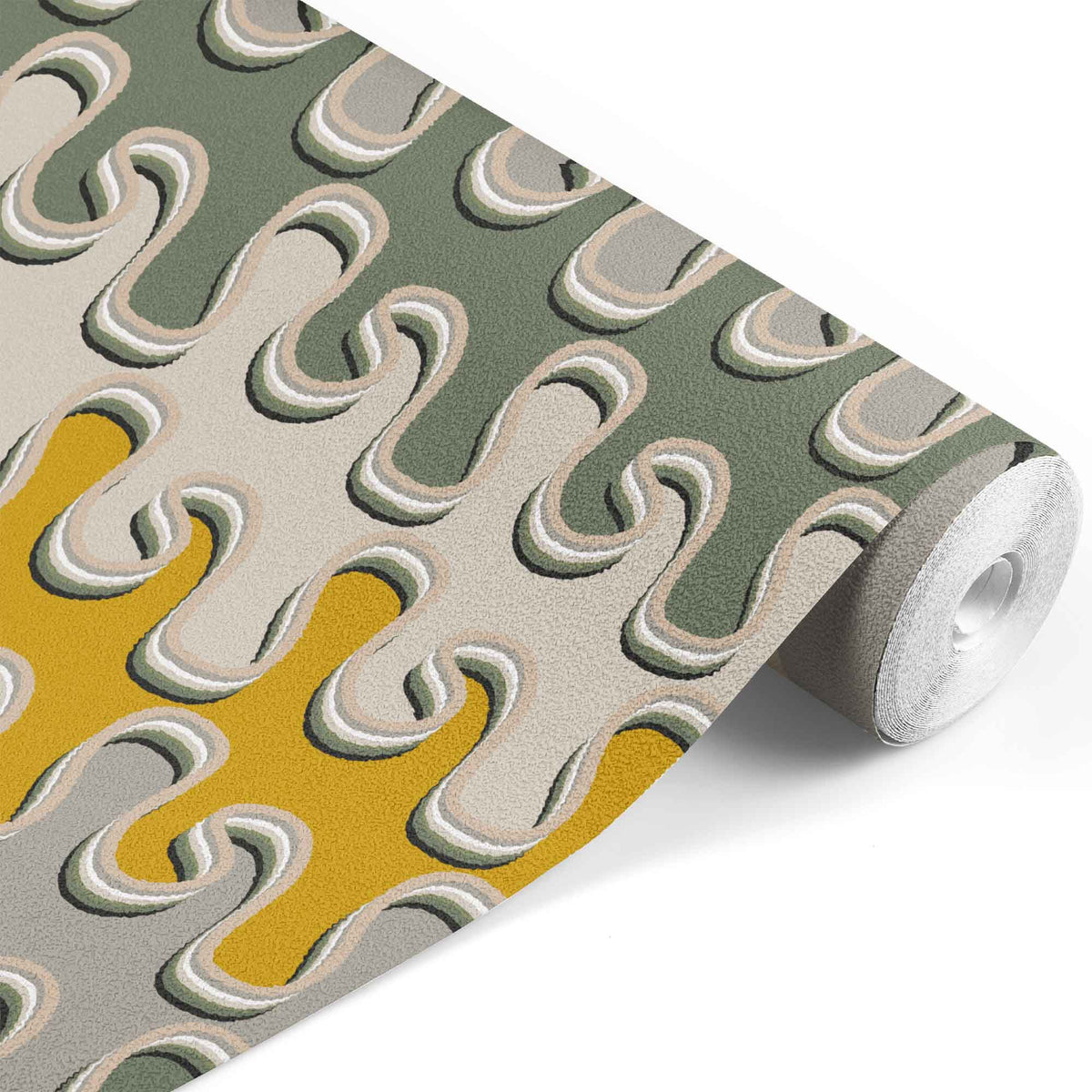 tan_Retro abstract pattern featuring layered, flowing wavy forms in warm tones of green, grey, cream, and yellow, creating a dimensional, psychedelic-inspired look with soft, rounded edges.