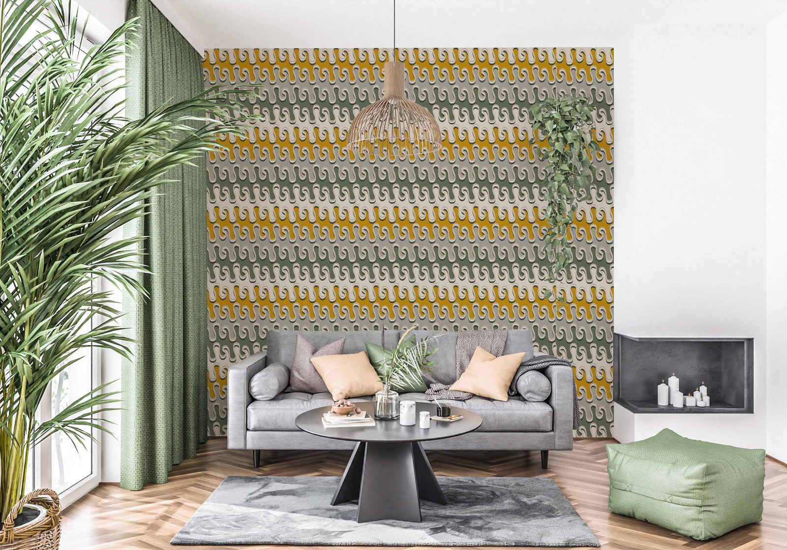 tan_Retro abstract pattern featuring layered, flowing wavy forms in warm tones of green, grey, cream, and yellow, creating a dimensional, psychedelic-inspired look with soft, rounded edges in a room with a grey couch.