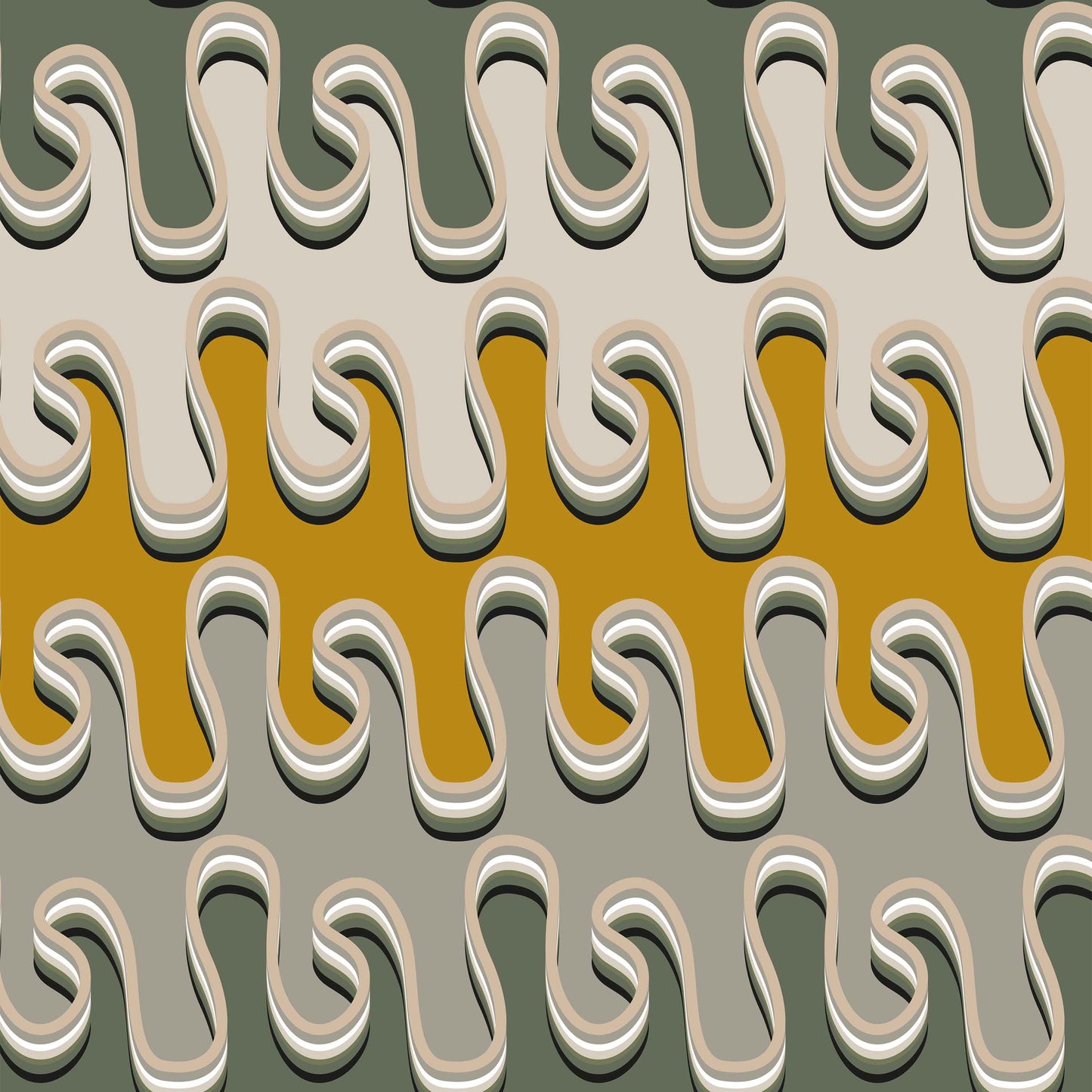 tan_Retro abstract pattern featuring layered, flowing wavy forms in warm tones of green, grey, cream, and yellow, creating a dimensional, psychedelic-inspired look with soft, rounded edges.