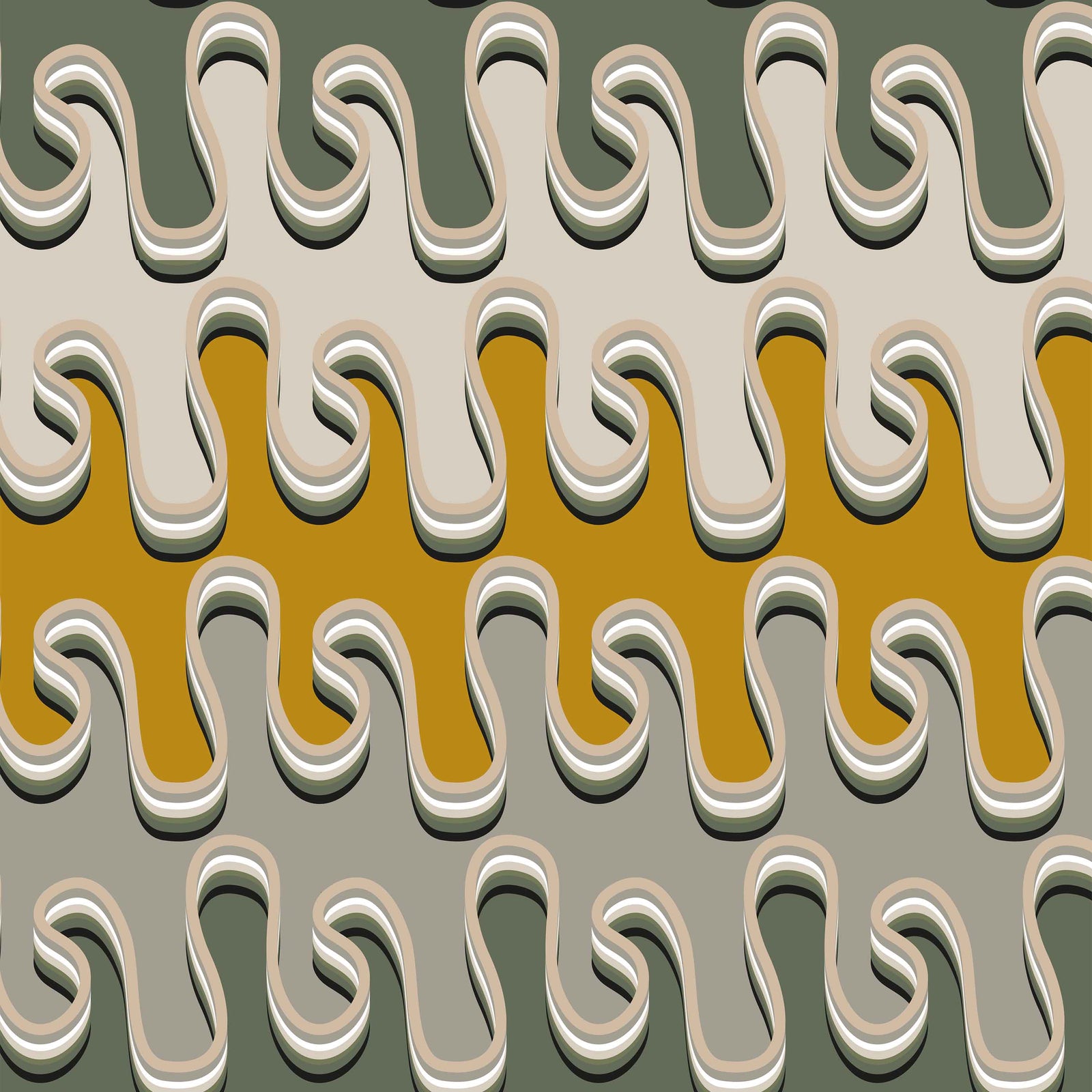 tan_Retro abstract pattern featuring layered, flowing wavy forms in warm tones of green, grey, cream, and yellow, creating a dimensional, psychedelic-inspired look with soft, rounded edges.