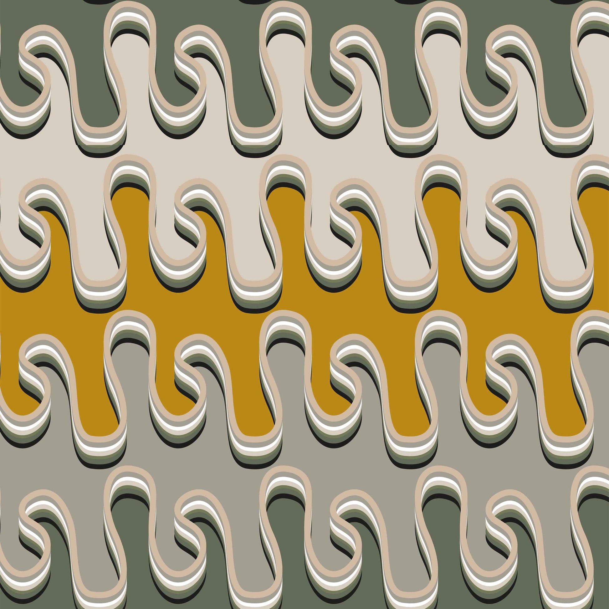 tan_Retro abstract pattern featuring layered, flowing wavy forms in warm tones of green, grey, cream, and yellow, creating a dimensional, psychedelic-inspired look with soft, rounded edges.