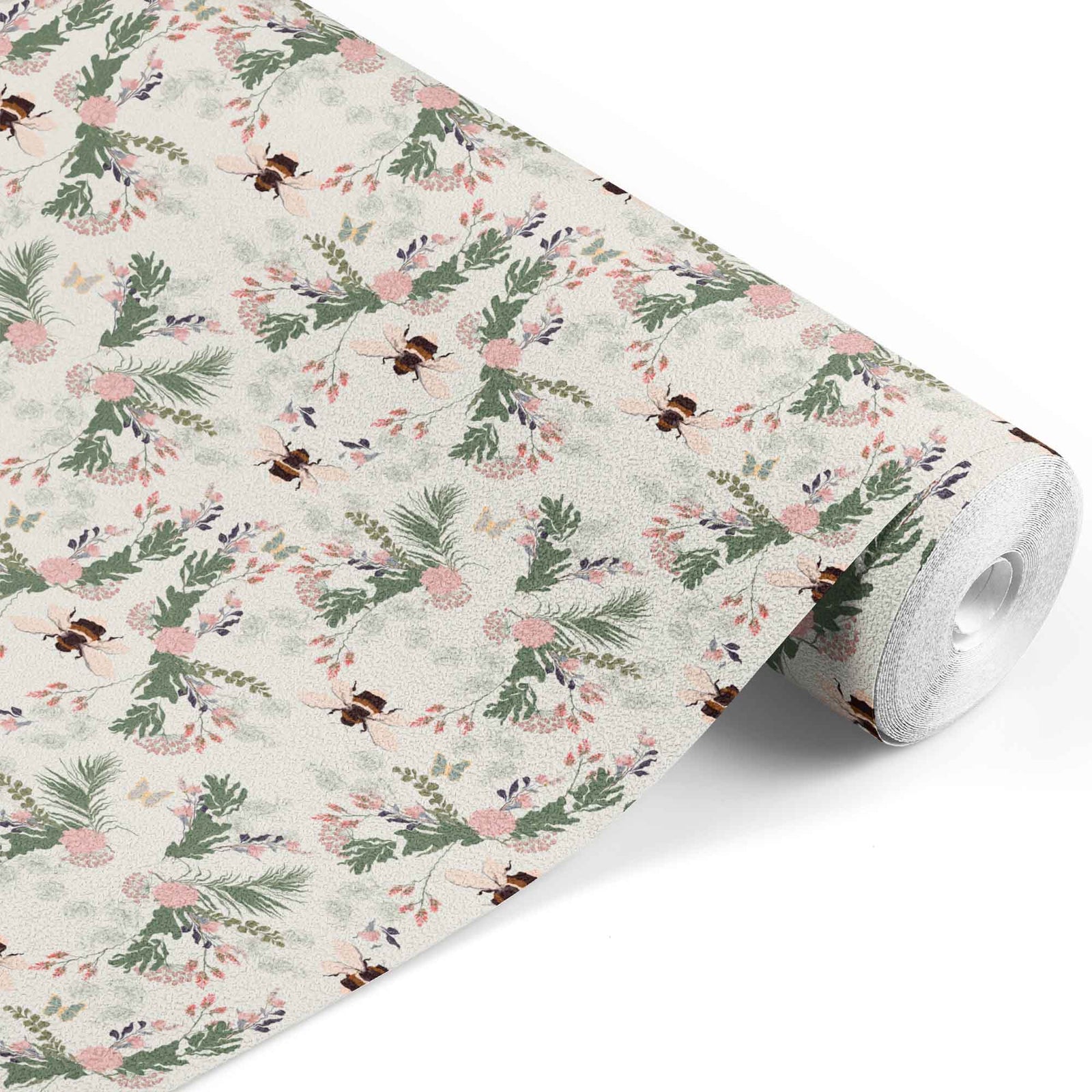 cream_Symmetrical botanical pattern featuring detailed florals, foliage, and berries arranged around illustrated bees, set on a warm ochre background with accents of pink, red, and muted blue for a rich, vintage-inspired look.