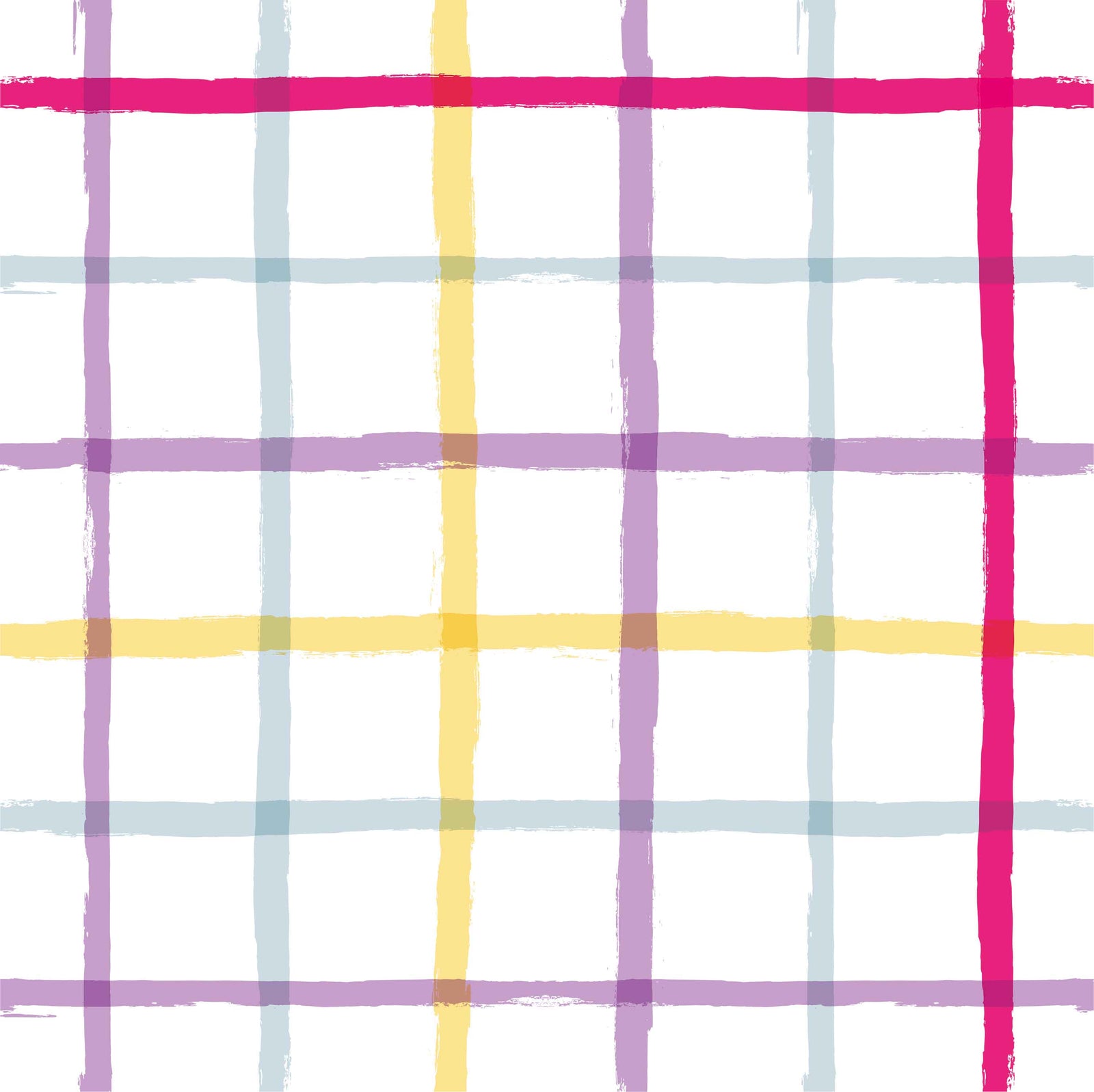 brights_A colorful geometric patterned wallpaper featuring lines in pink, purple, yellow, and blue on a white background.