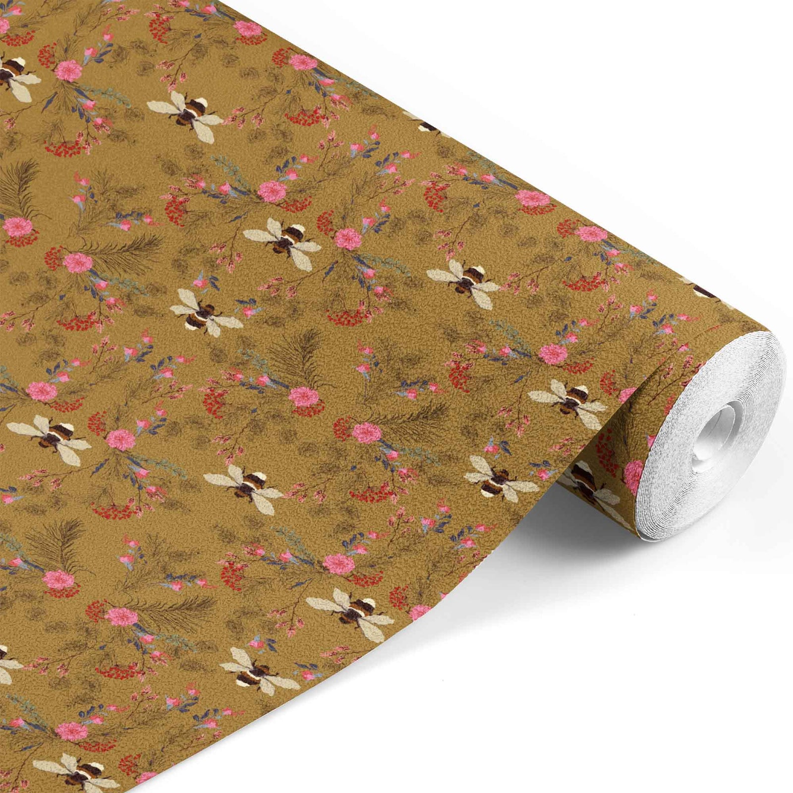 brown_Symmetrical botanical pattern featuring detailed florals, foliage, and berries arranged around illustrated bees, set on a warm ochre background with accents of pink, red, and muted blue for a rich, vintage-inspired look.