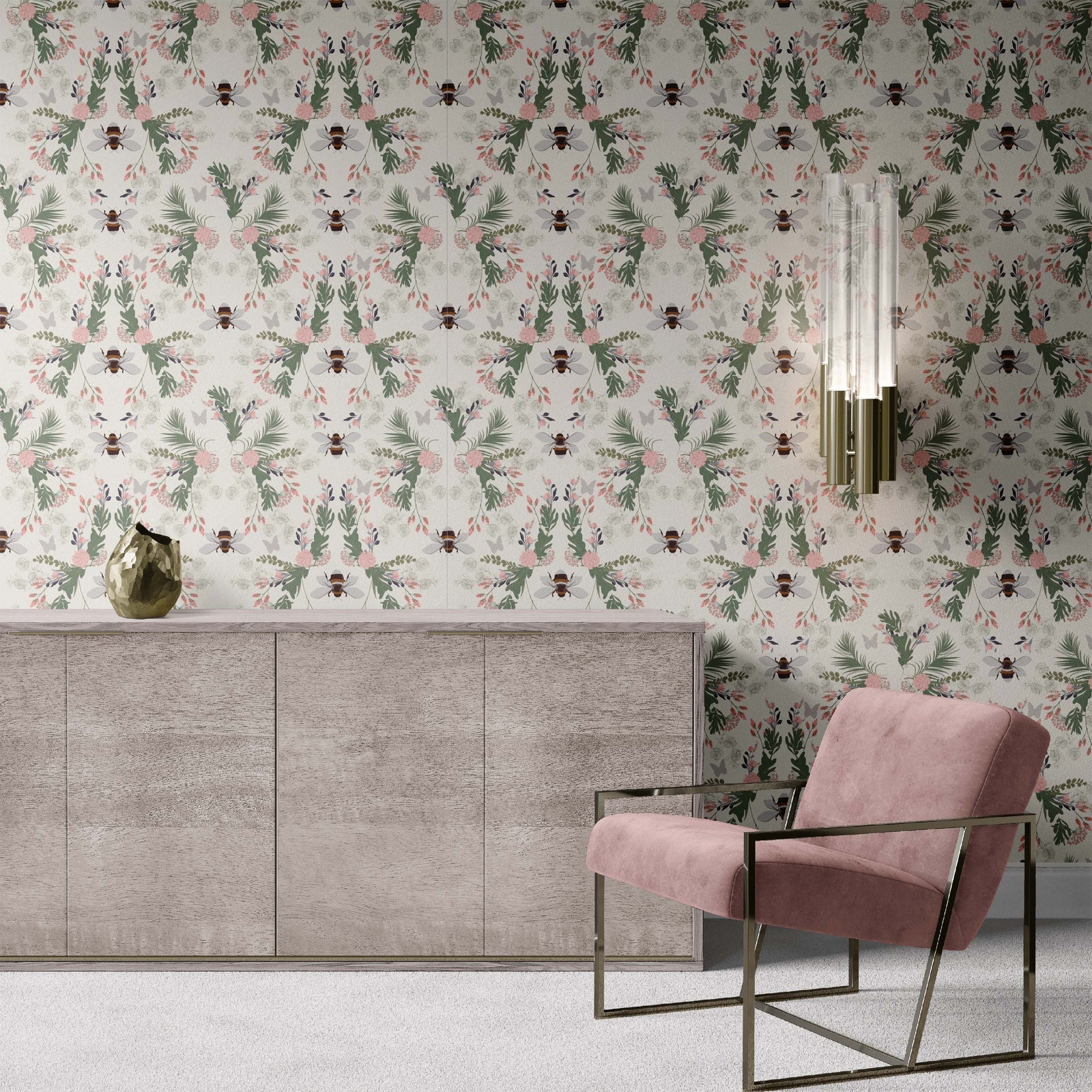 cream_Symmetrical botanical pattern featuring detailed florals, foliage, and berries arranged around illustrated bees, set on a warm ochre background with accents of pink, red, and muted blue for a rich, vintage-inspired look in a room with a pink chair.