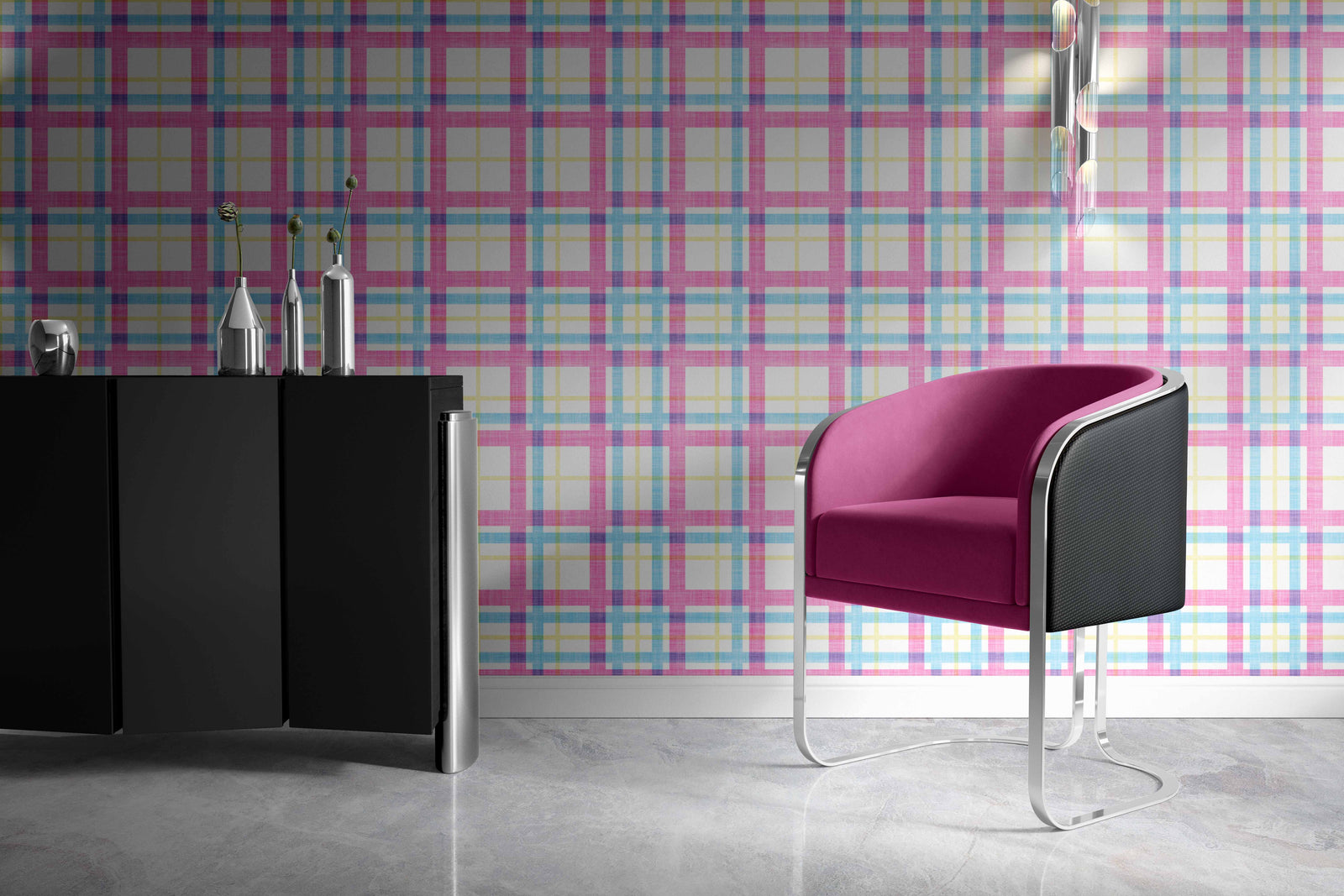 brights_A colorful checkered wallpaper pattern with pink, yellow, and blue in a room with a pink chair.