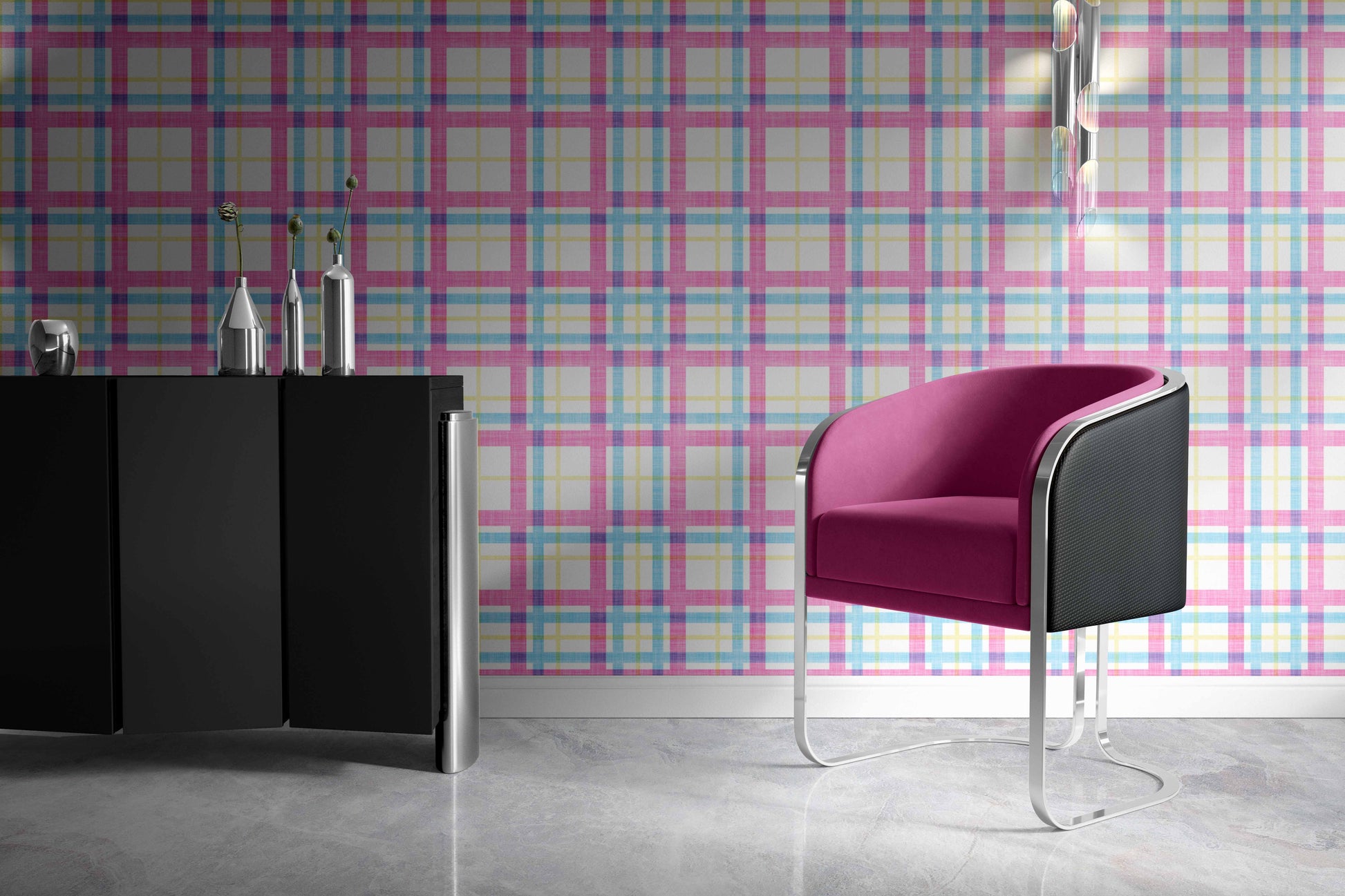 brights_A colorful checkered wallpaper pattern with pink, yellow, and blue in a room with a pink chair.