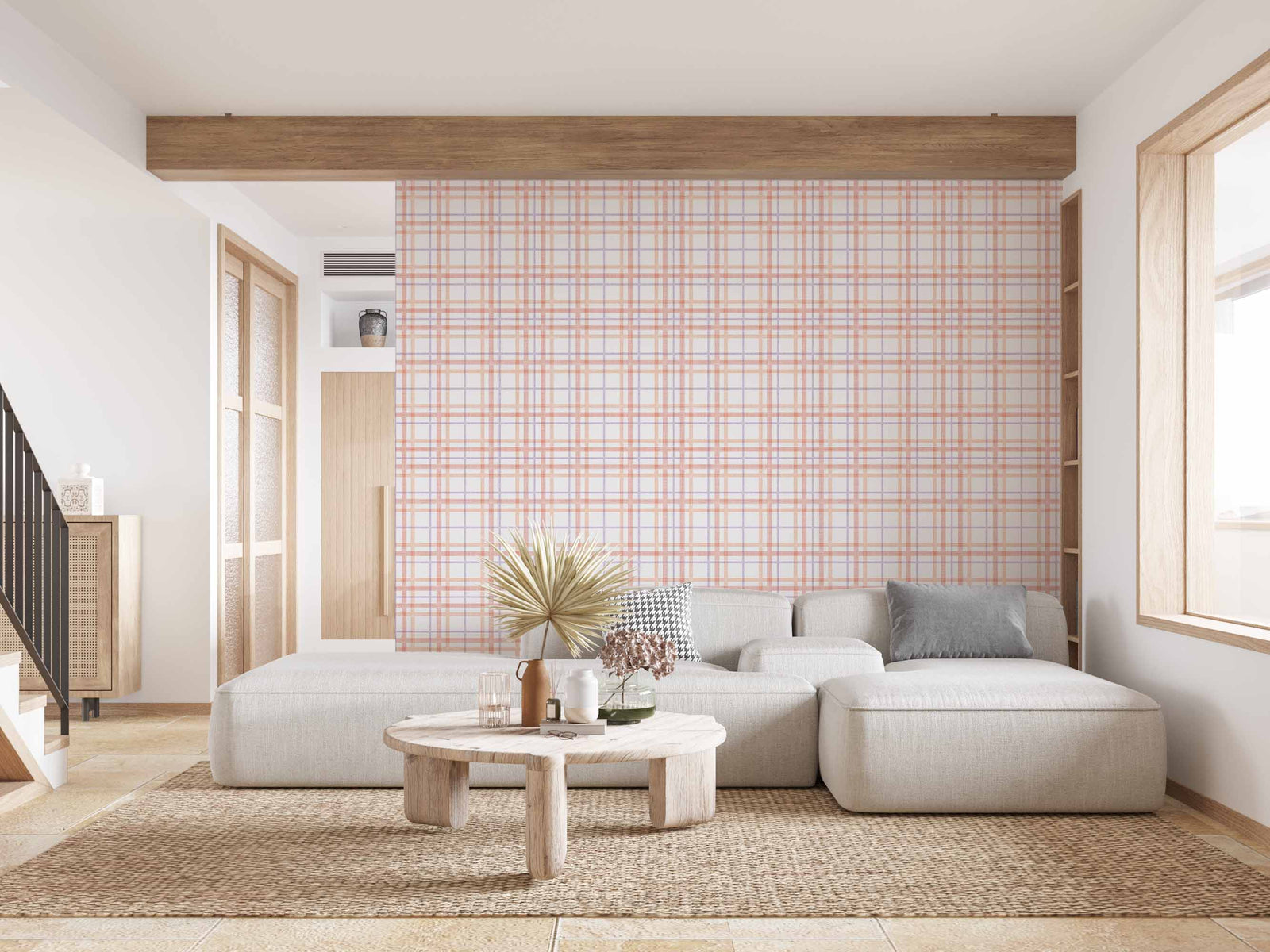 coral_A colorful checkered wallpaper pattern with coral and purple lines in a living room with a cream couch.