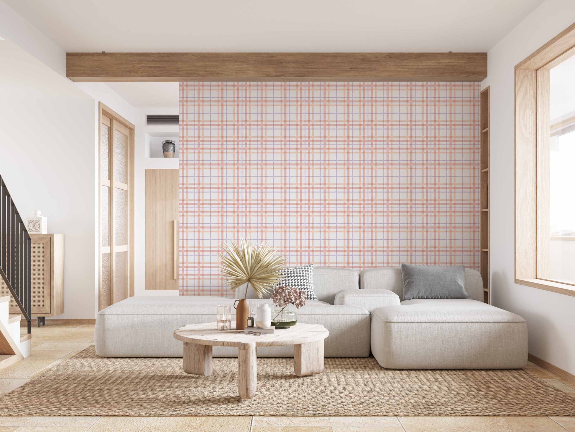coral_A colorful checkered wallpaper pattern with coral and purple lines in a living room with a cream couch.