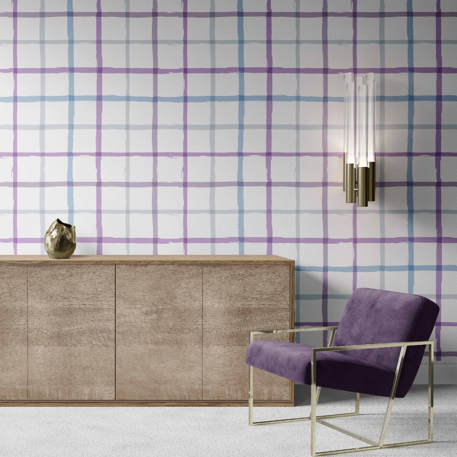 lavender_A colorful geometric patterned wallpaper featuring lines in light blue, blue, and light purple on a white background in a room with a purple chair.