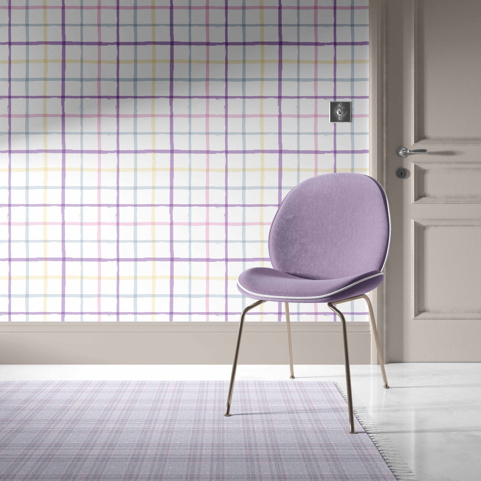 lights_A colorful geometric patterned wallpaper featuring lines in pastel pink, blue, yellow, and purple on a white background in a room with a purple chair.