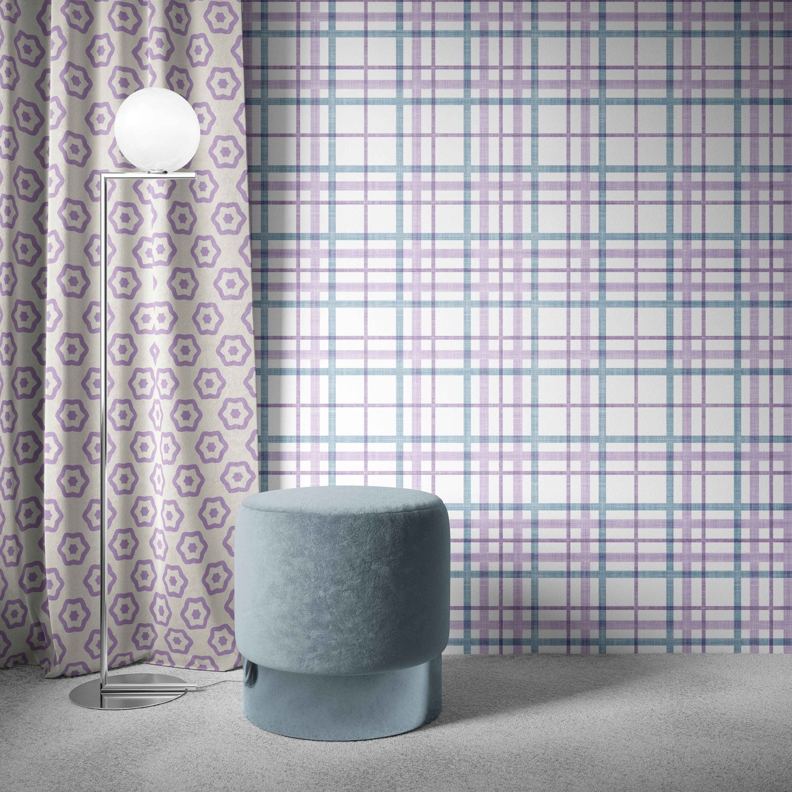 lavender_A colorful checkered wallpaper pattern with pastel blue and purple lines in a room with a blue stool.