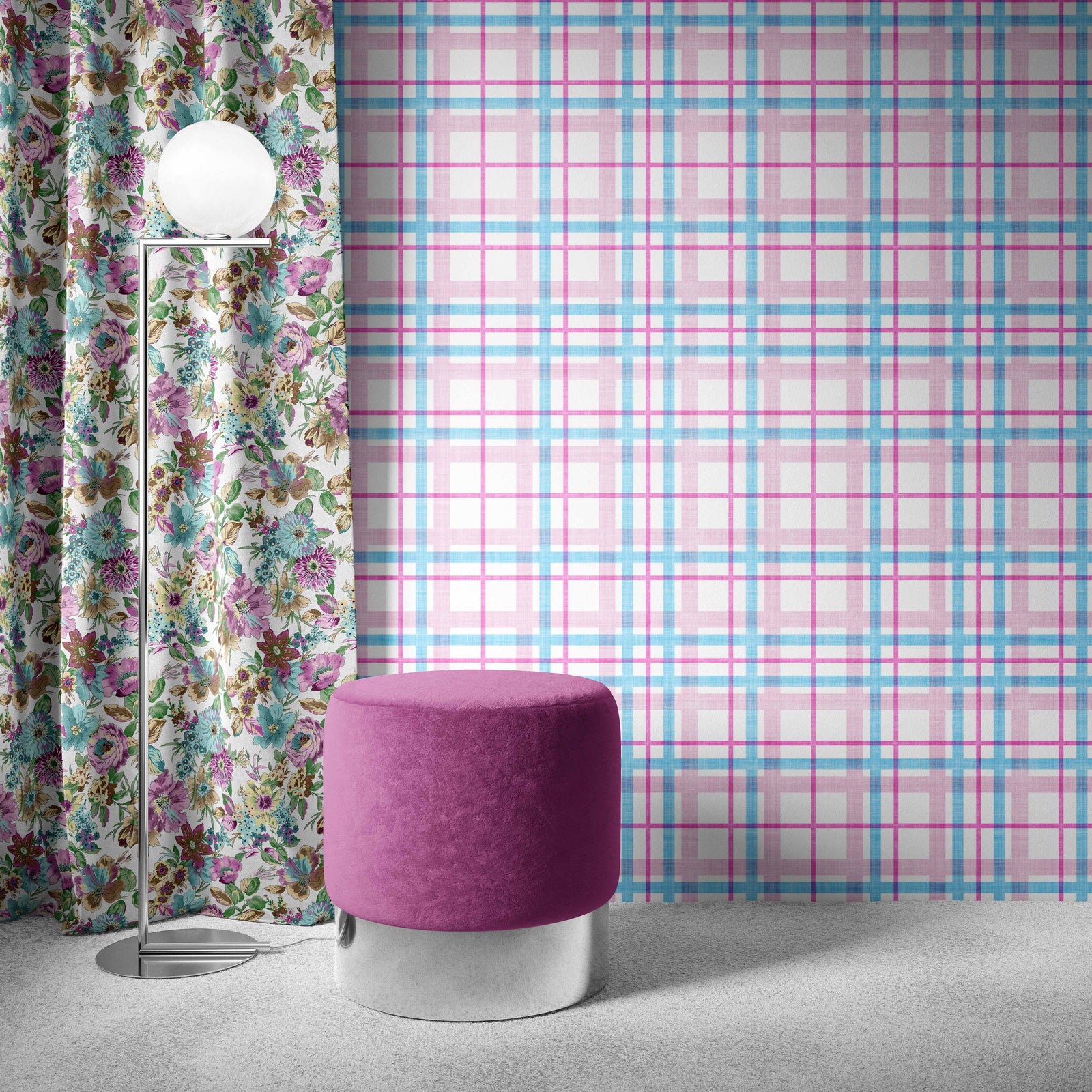 lights_A colorful checkered wallpaper pattern with blue, light pink, and pink lines in a room with a pink stool.