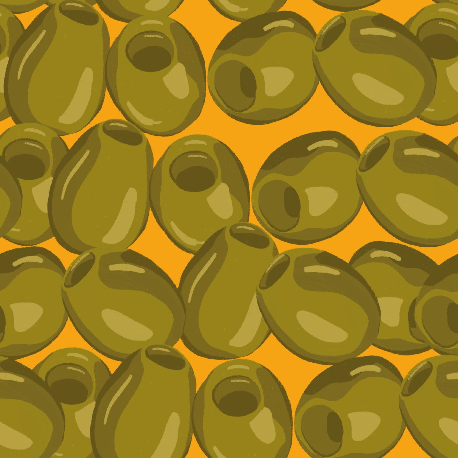 yellow_Pattern of green olives on an orange background