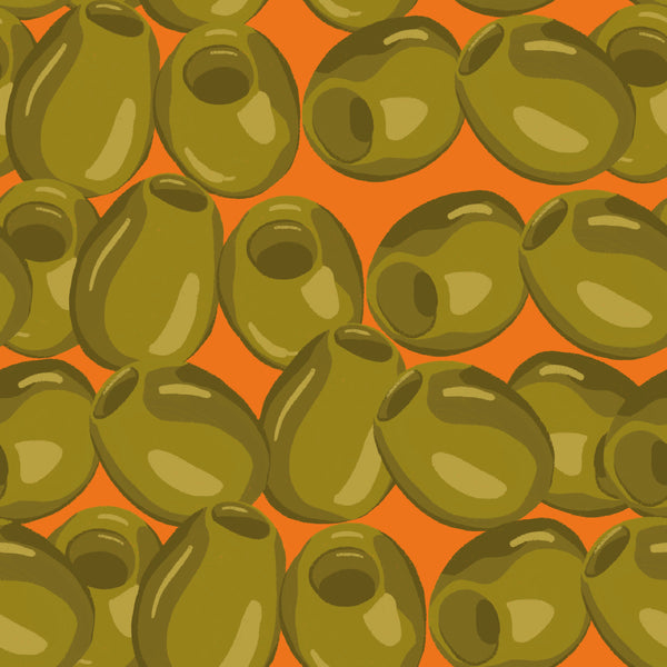 orange_Pattern of green olives on a red background