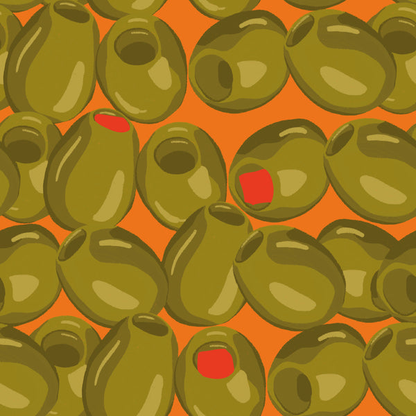 orange_Pattern of green olives on an orange background