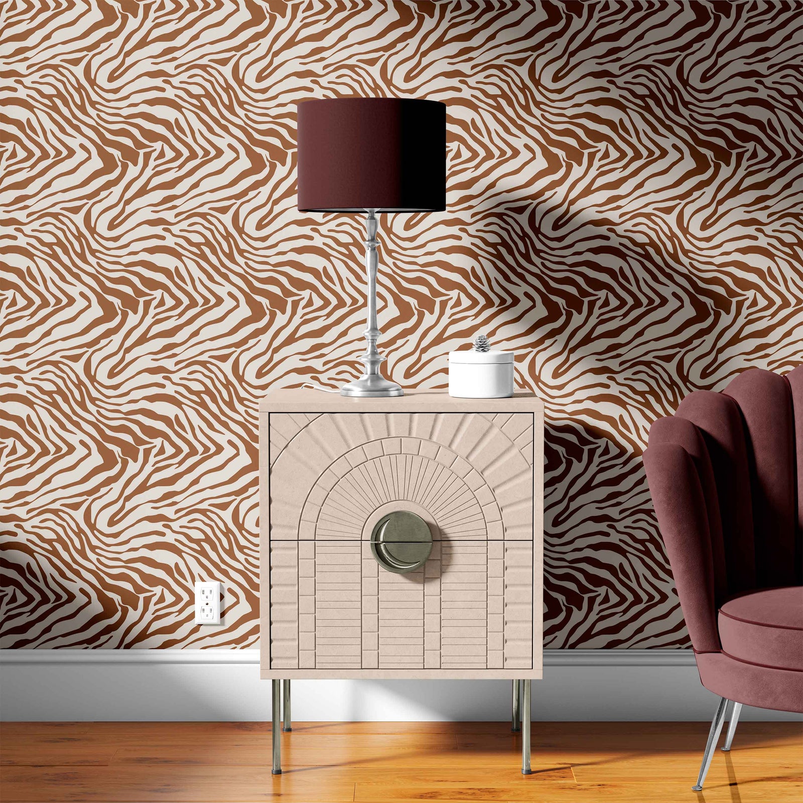 brown_Textured animal-inspired pattern featuring flowing, irregular stripes in warm brown on a soft ivory background, creating a modern, organic zebra-like design with a tactile, dimensional finish in a room with a brown chair.