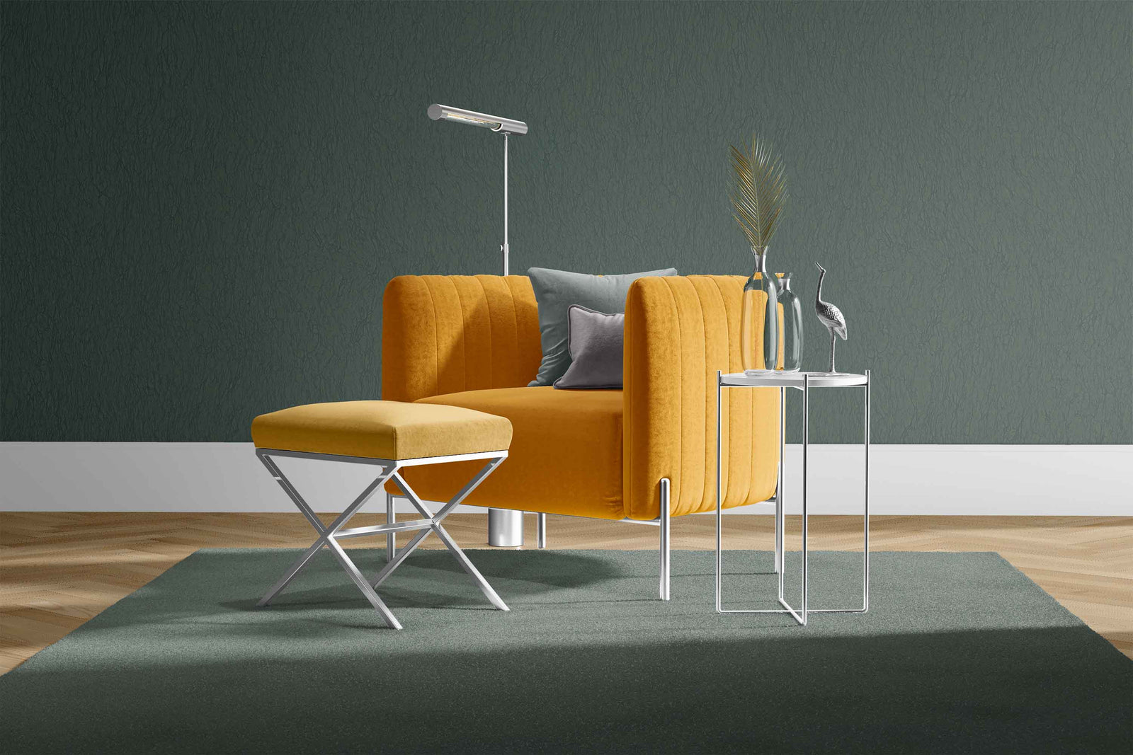 sage_Subtle organic texture pattern in muted green tones, featuring fine, vein-like lines that create a natural, crackled or stone-inspired surface with a soft, tonal depth in a room with a yellow chair.