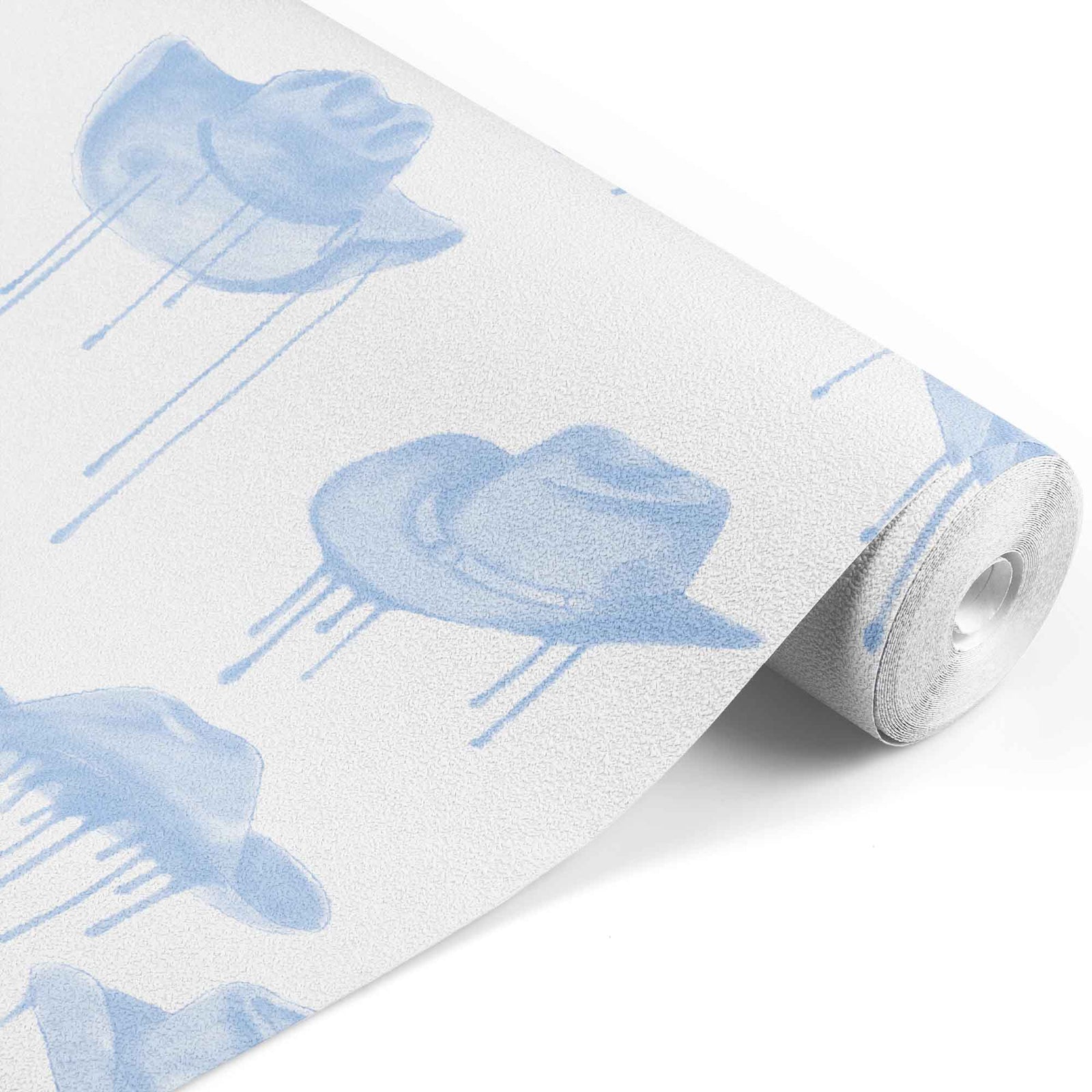blue_A wallpaper with a pattern of blue cowboy hats with a dripping effect against a white background.