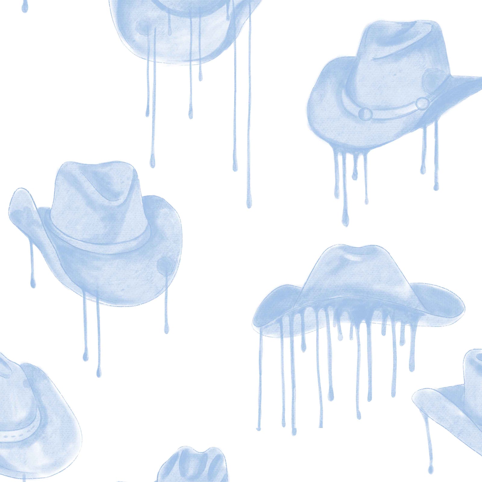 blue_A wallpaper with a pattern of blue cowboy hats with a dripping effect against a white background.