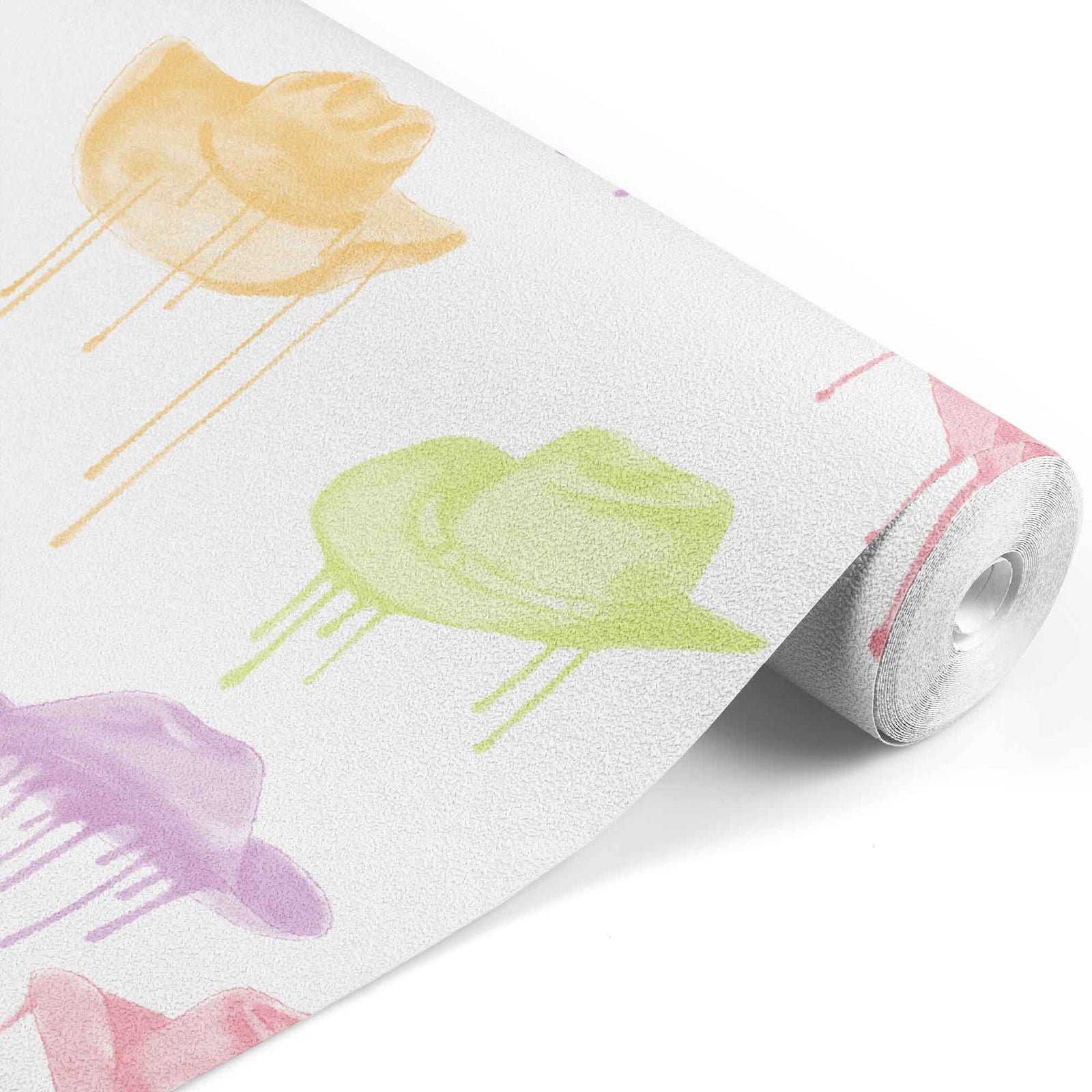 colorful_A wallpaper with a pattern of multi-colored cowboy hats with a dripping effect against a white background.