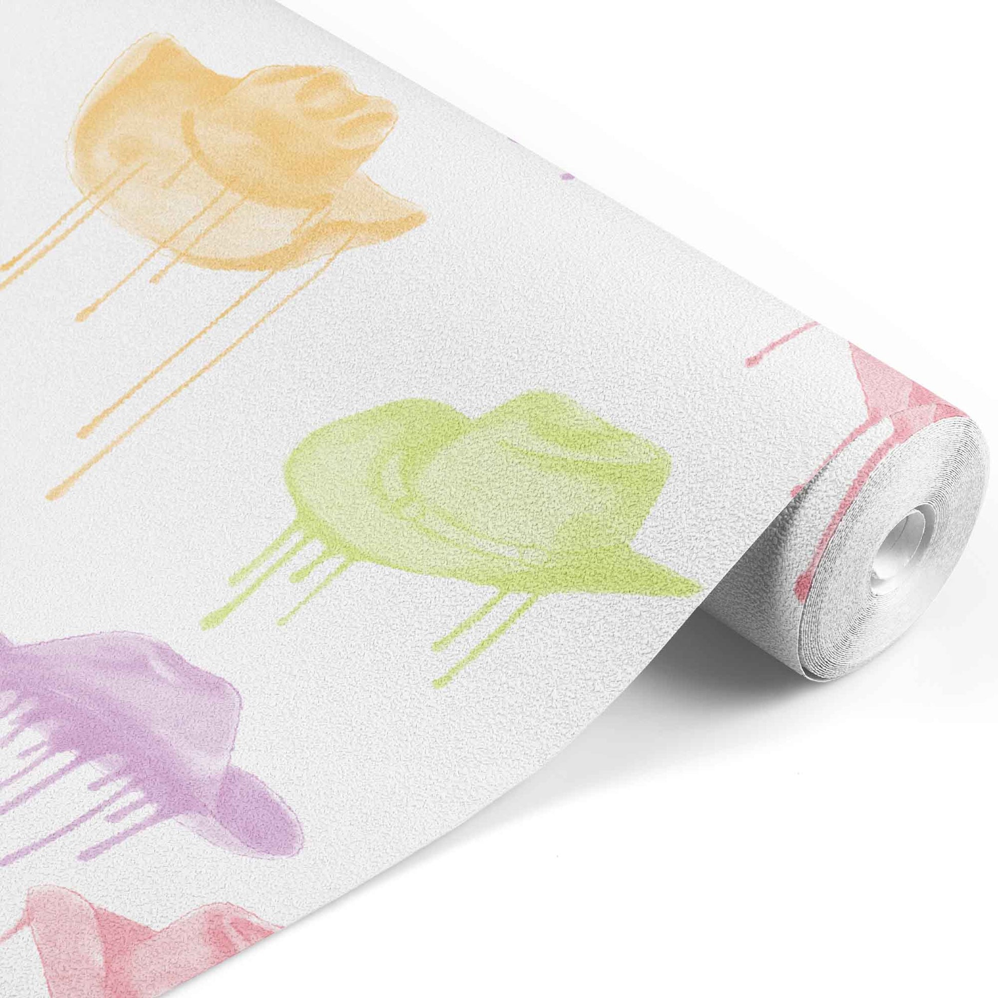 colorful_A wallpaper with a pattern of multi-colored cowboy hats with a dripping effect against a white background.