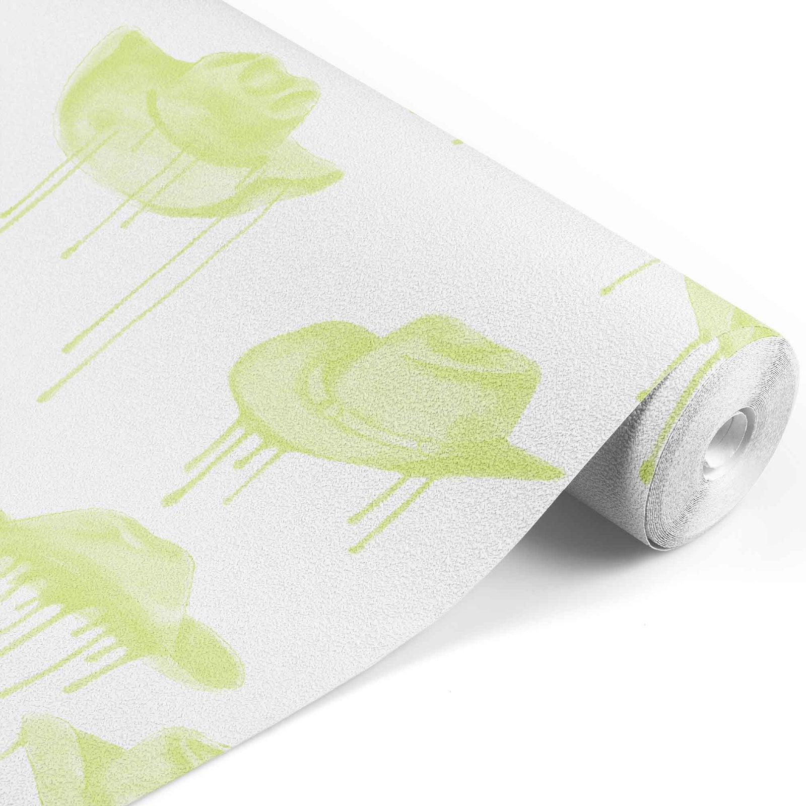 green_A wallpaper with a pattern of green cowboy hats with a dripping effect against a white background.