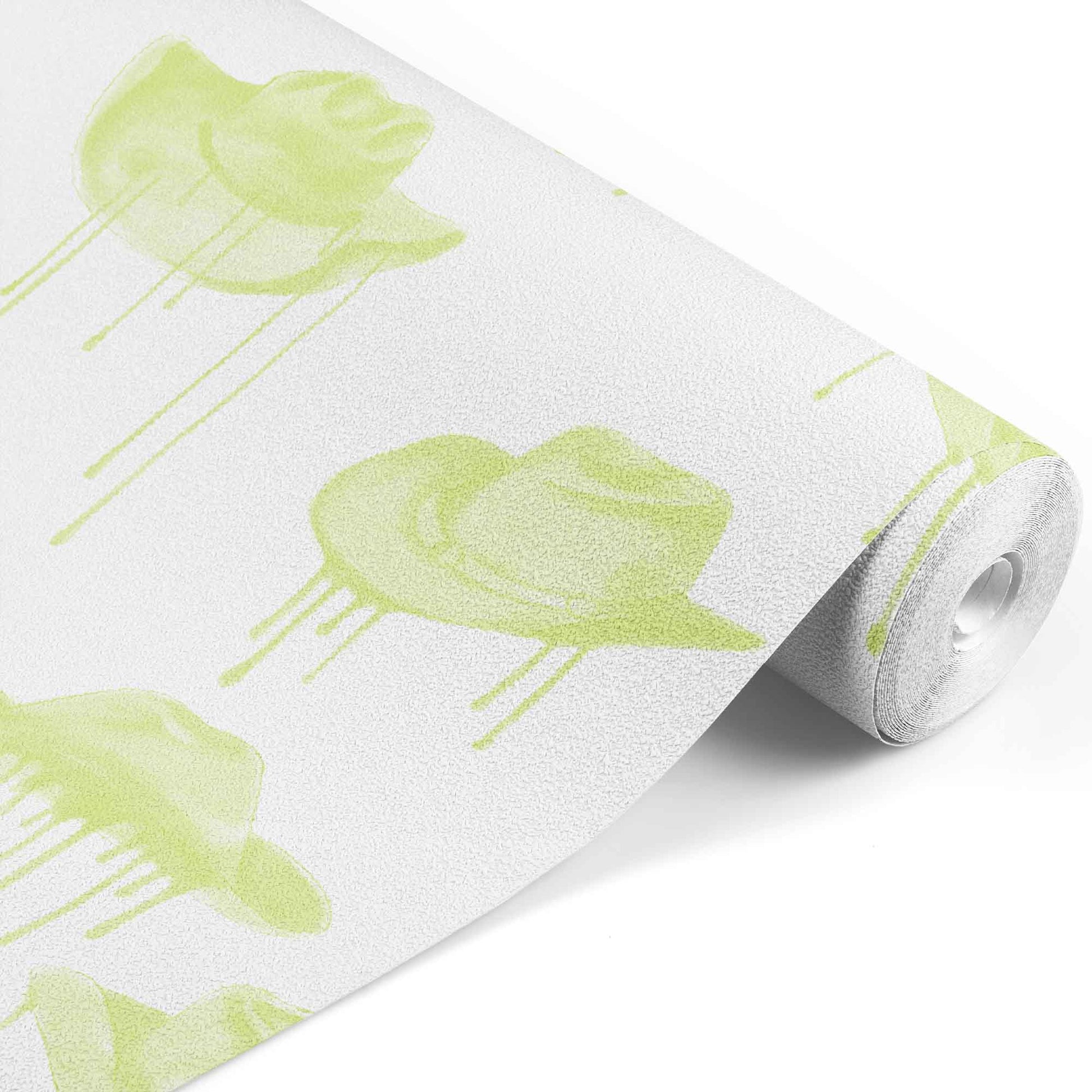 green_A wallpaper with a pattern of green cowboy hats with a dripping effect against a white background.