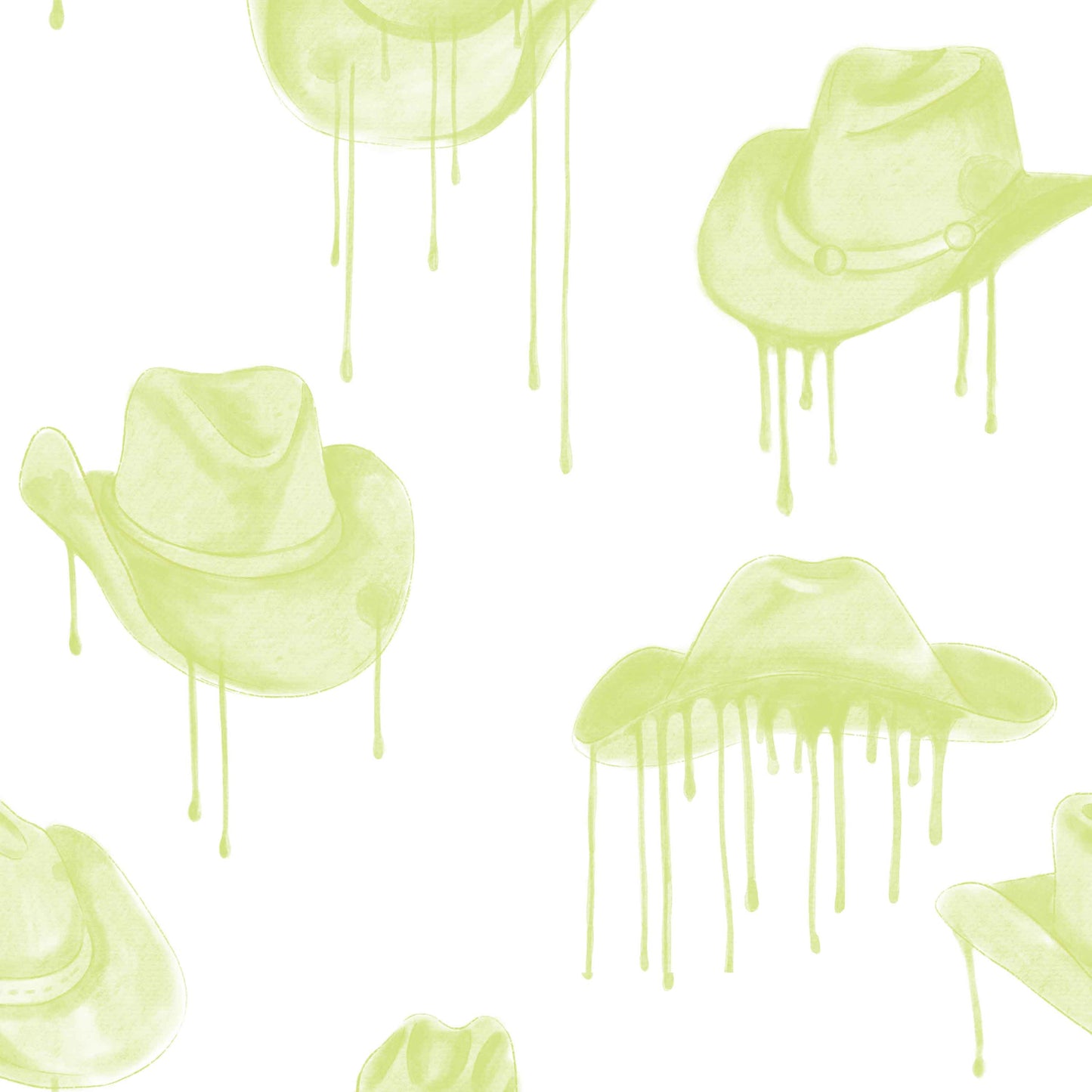 green_A wallpaper with a pattern of green cowboy hats with a dripping effect against a white background.