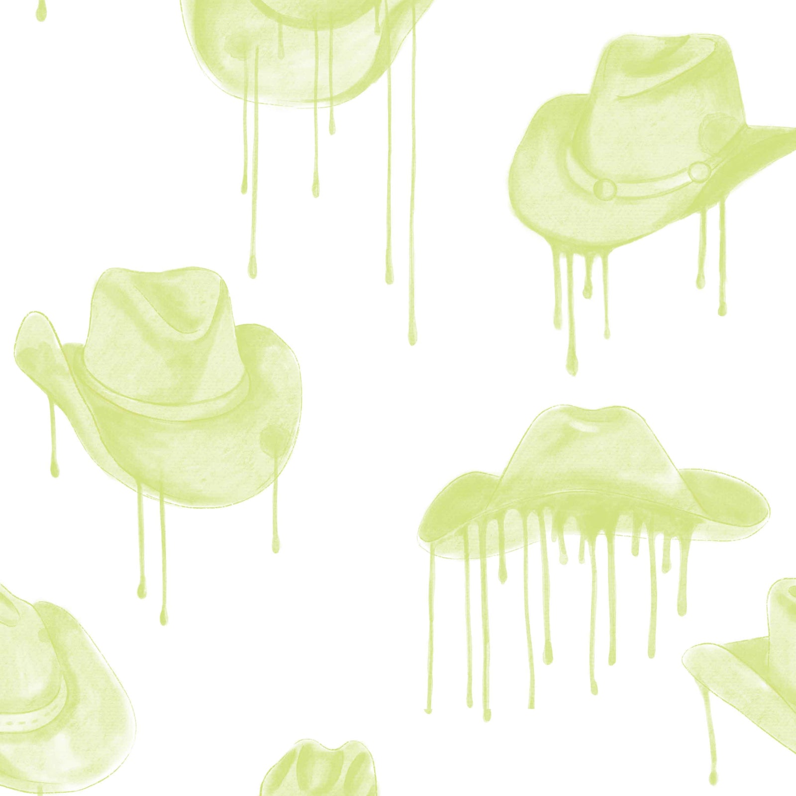 green_A wallpaper with a pattern of green cowboy hats with a dripping effect against a white background.