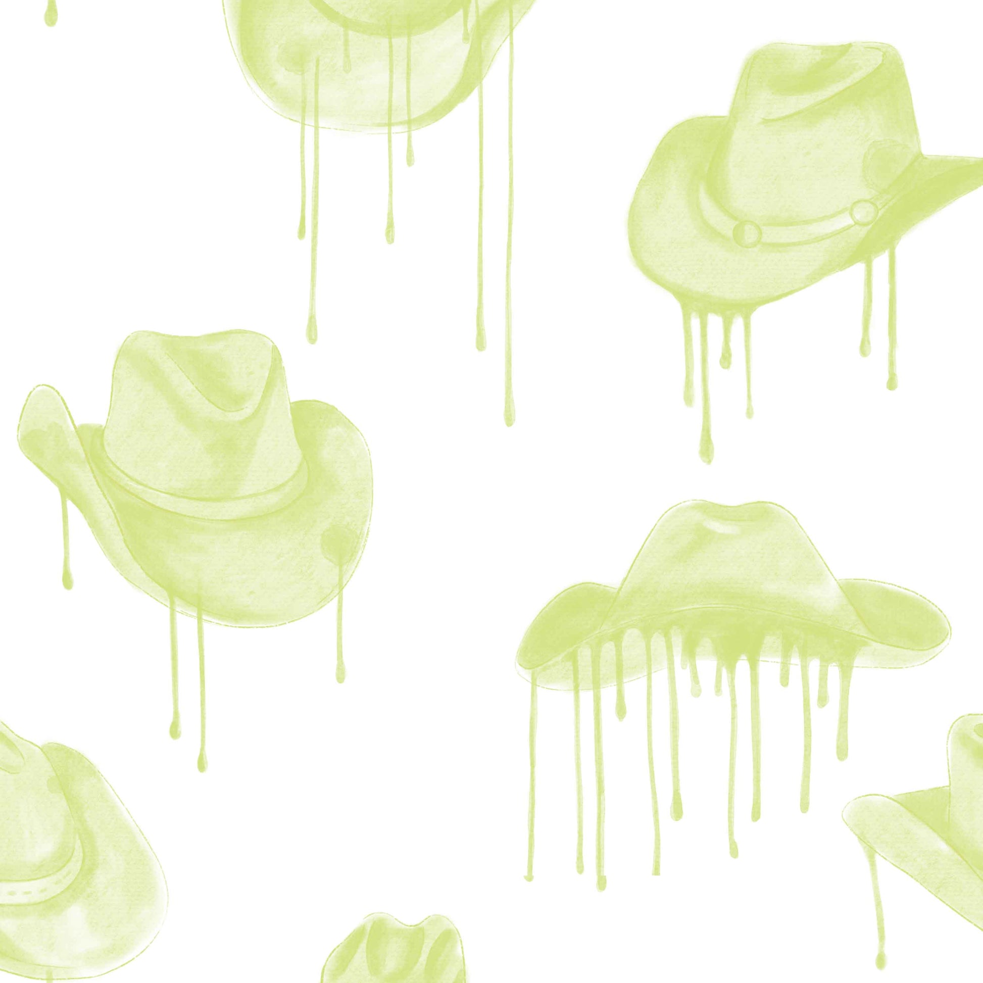 green_A wallpaper with a pattern of green cowboy hats with a dripping effect against a white background.