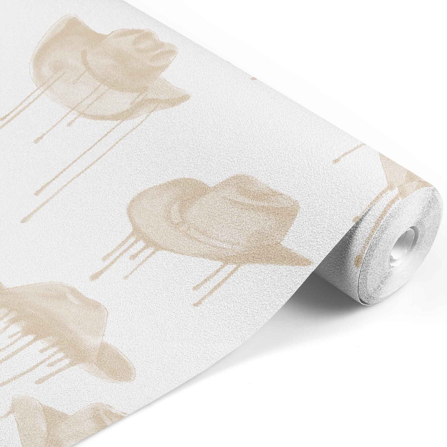brown_A wallpaper with a pattern of brown cowboy hats with a dripping effect against a white background.