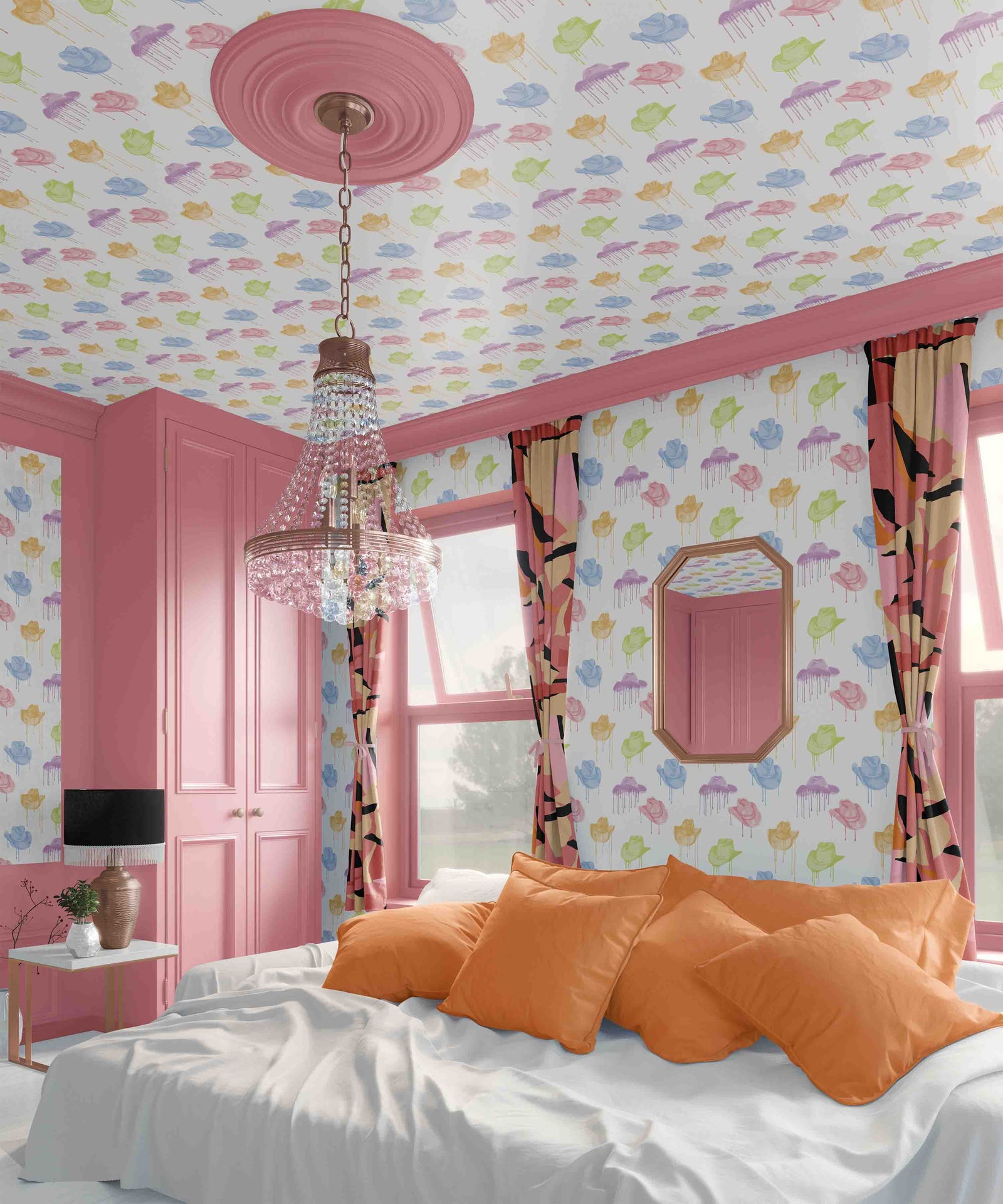 colorful_A wallpaper with a pattern of multi-colored cowboy hats with a dripping effect against a white background in a bedroom with a white bed.