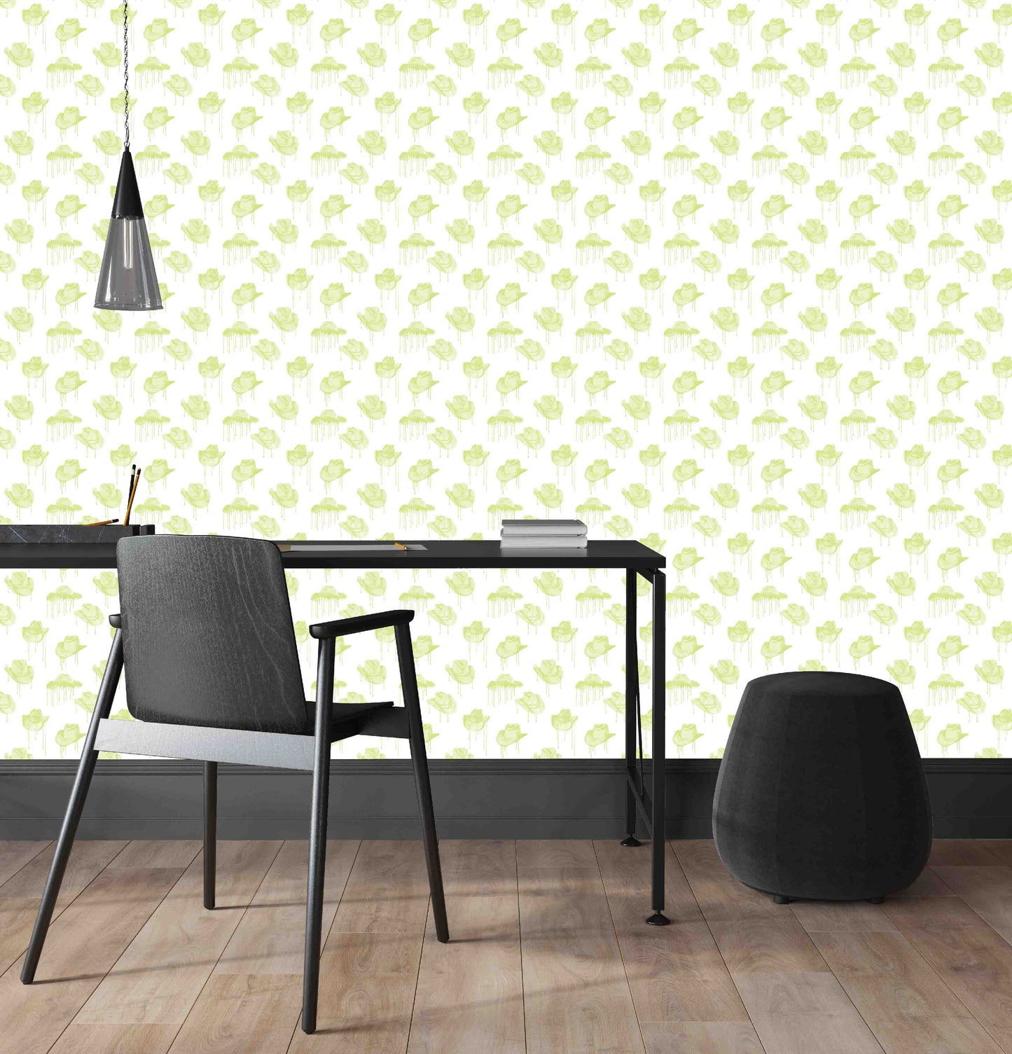 green_A wallpaper with a pattern of green cowboy hats with a dripping effect against a white background in an office with a black desk and chair.