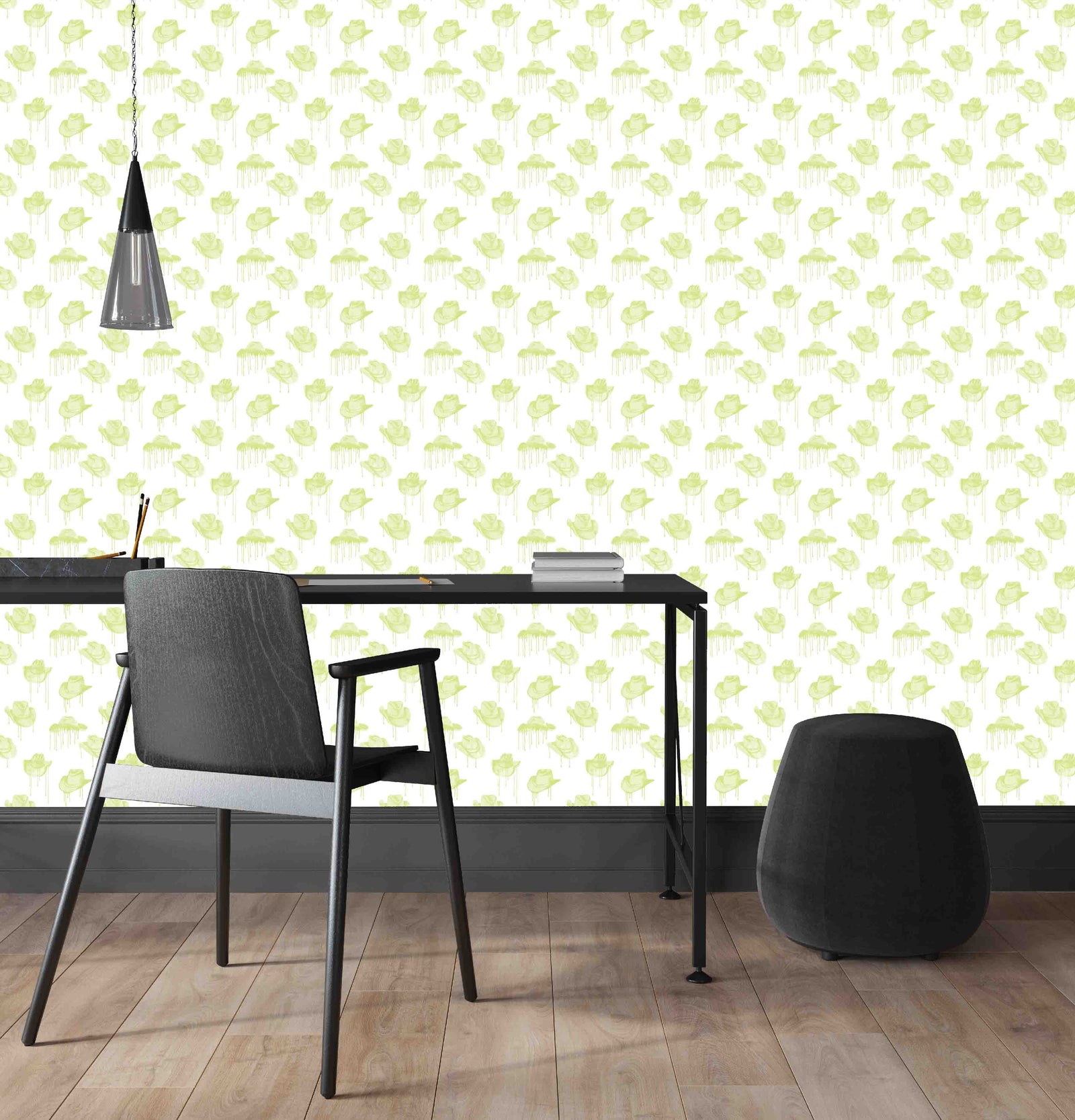 green_A wallpaper with a pattern of green cowboy hats with a dripping effect against a white background in an office with a black desk and chair.