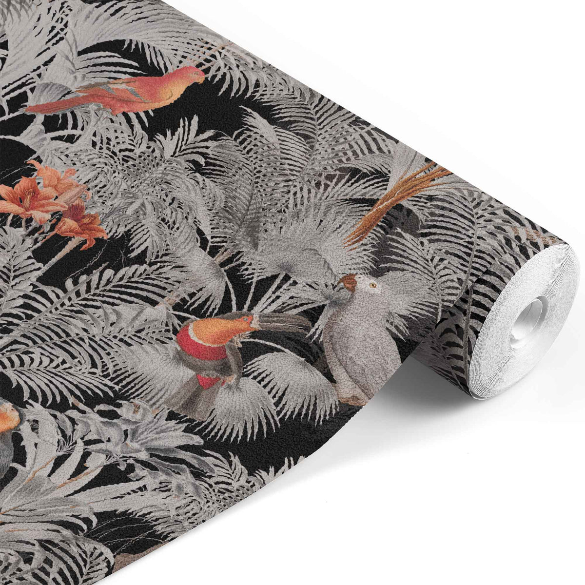 black_A wallpaper pattern featuring a tropical bird pattern with gray, white, and red colors on a black background.