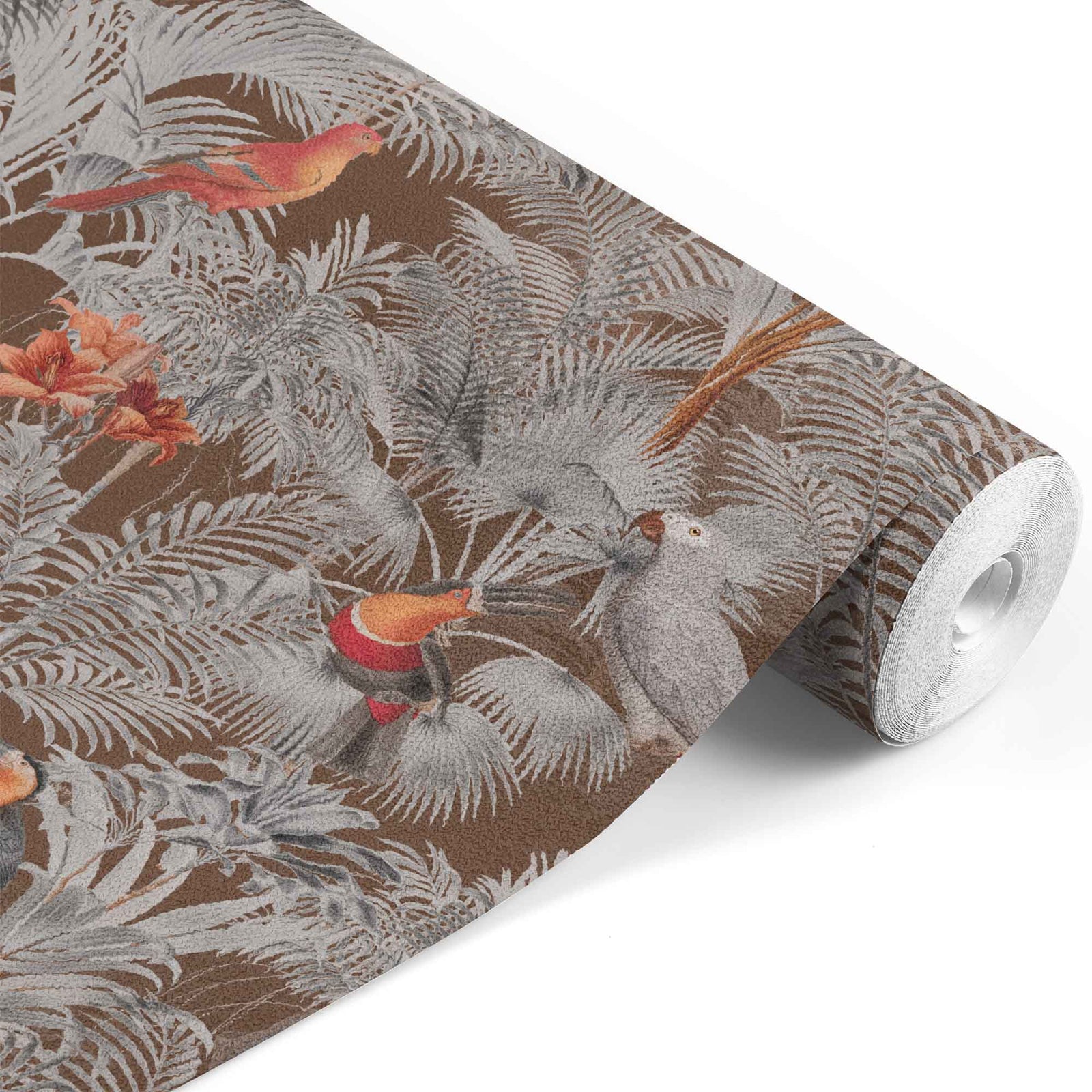 brown_A wallpaper pattern featuring a tropical bird pattern with gray, white, and red colors on a brown background.