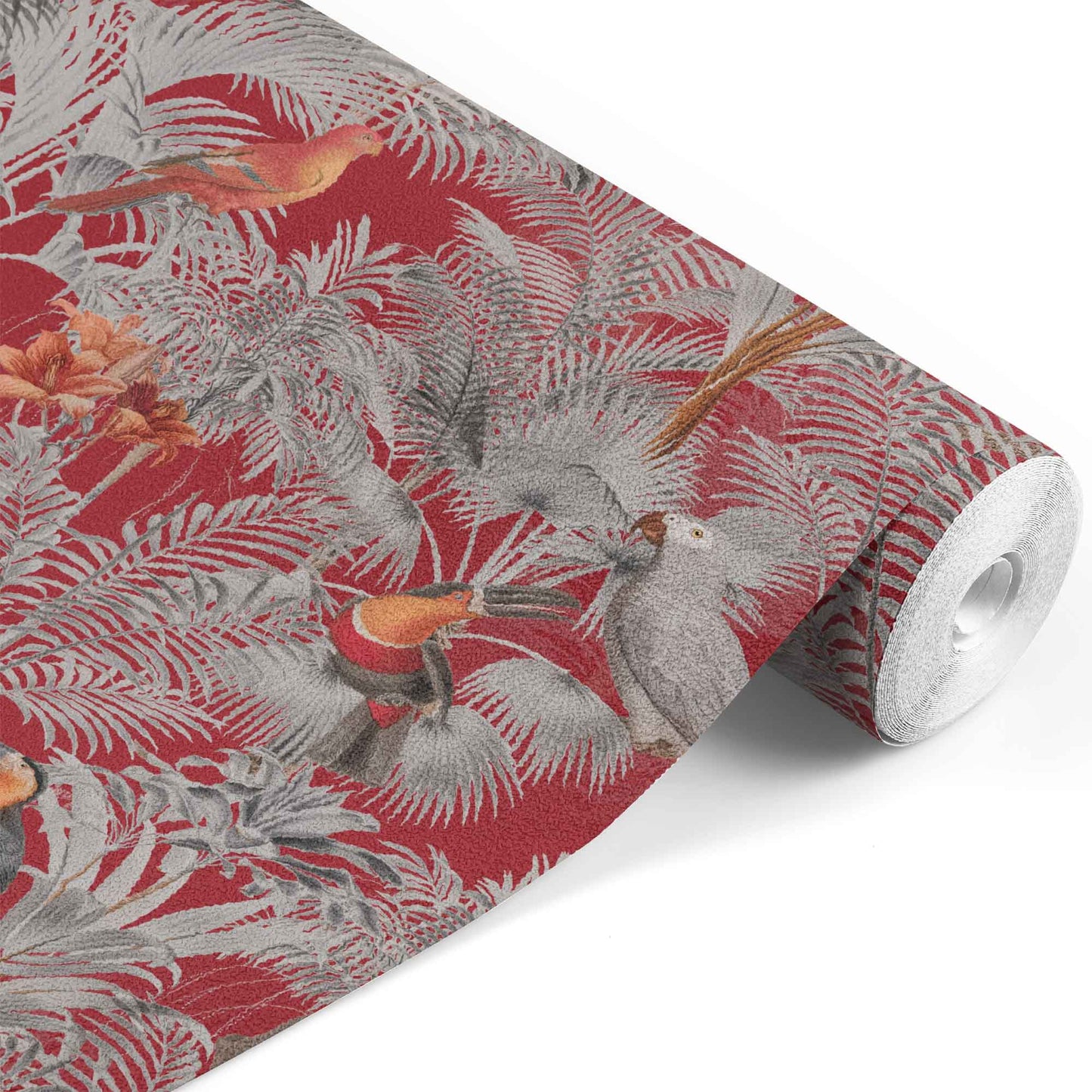 red_A wallpaper pattern featuring a tropical bird pattern with gray, white, and red colors on a red background.