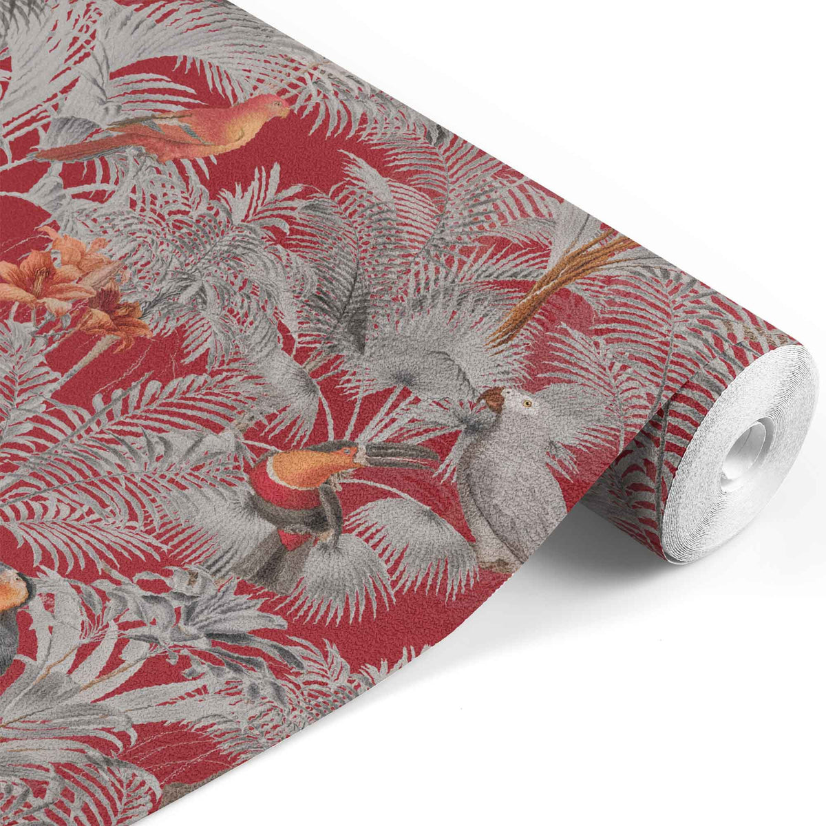 red_A wallpaper pattern featuring a tropical bird pattern with gray, white, and red colors on a red background.
