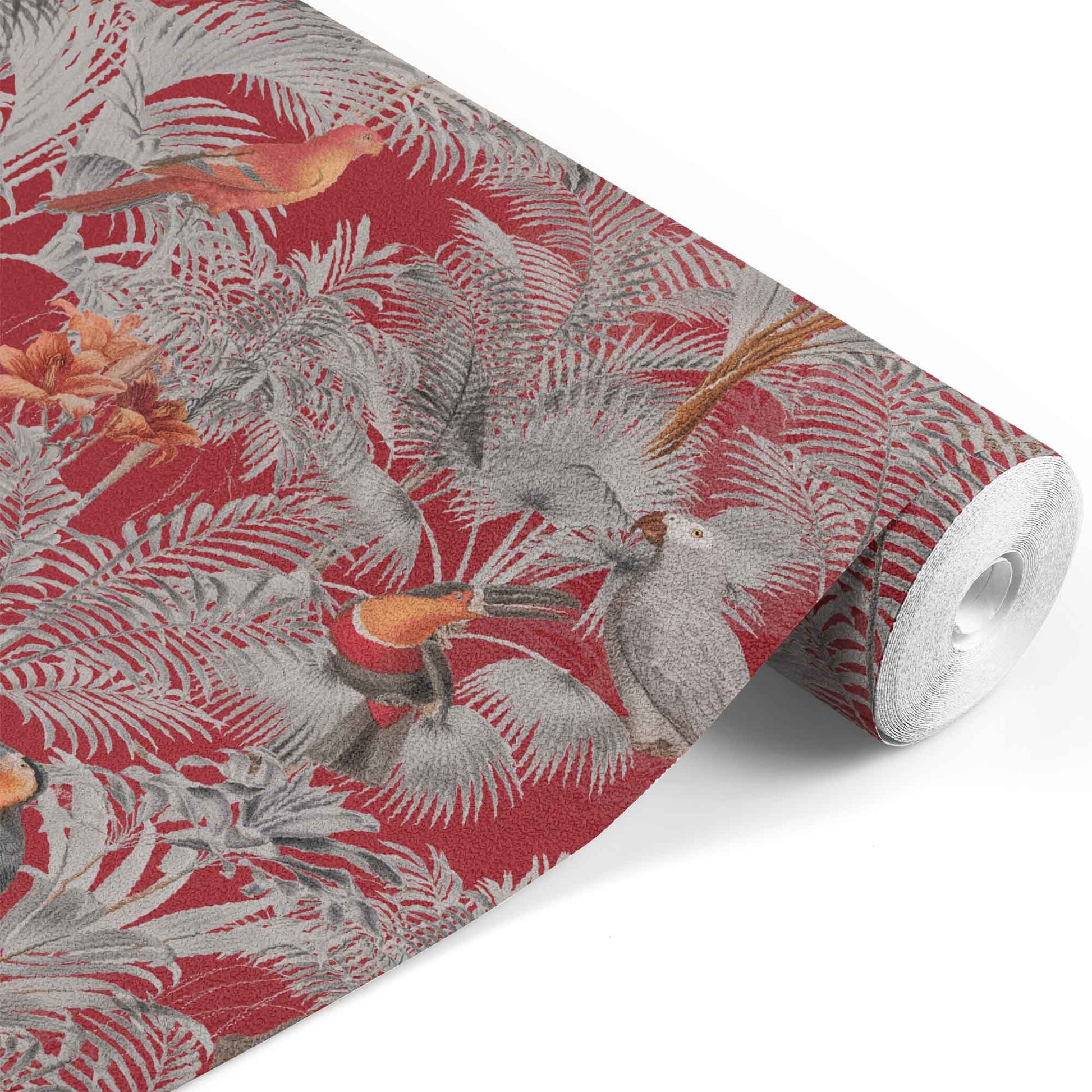 red_A wallpaper pattern featuring a tropical bird pattern with gray, white, and red colors on a red background.