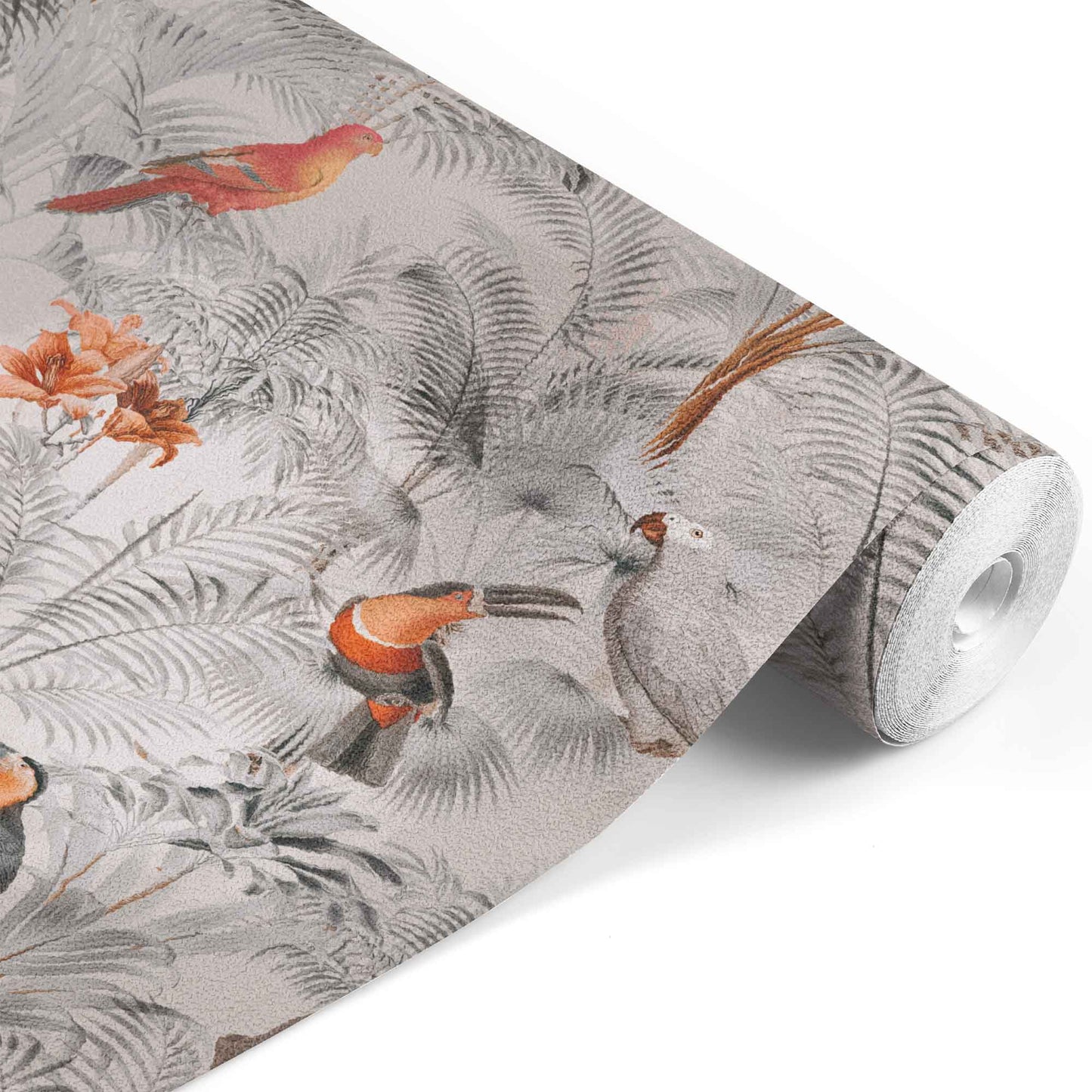 taupe_A wallpaper pattern featuring a tropical bird pattern with gray, white, and red colors on a taupe background.