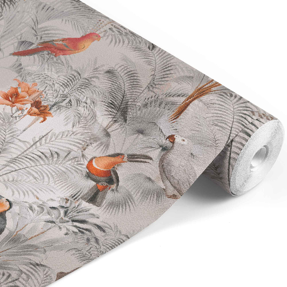 taupe_A wallpaper pattern featuring a tropical bird pattern with gray, white, and red colors on a taupe background.