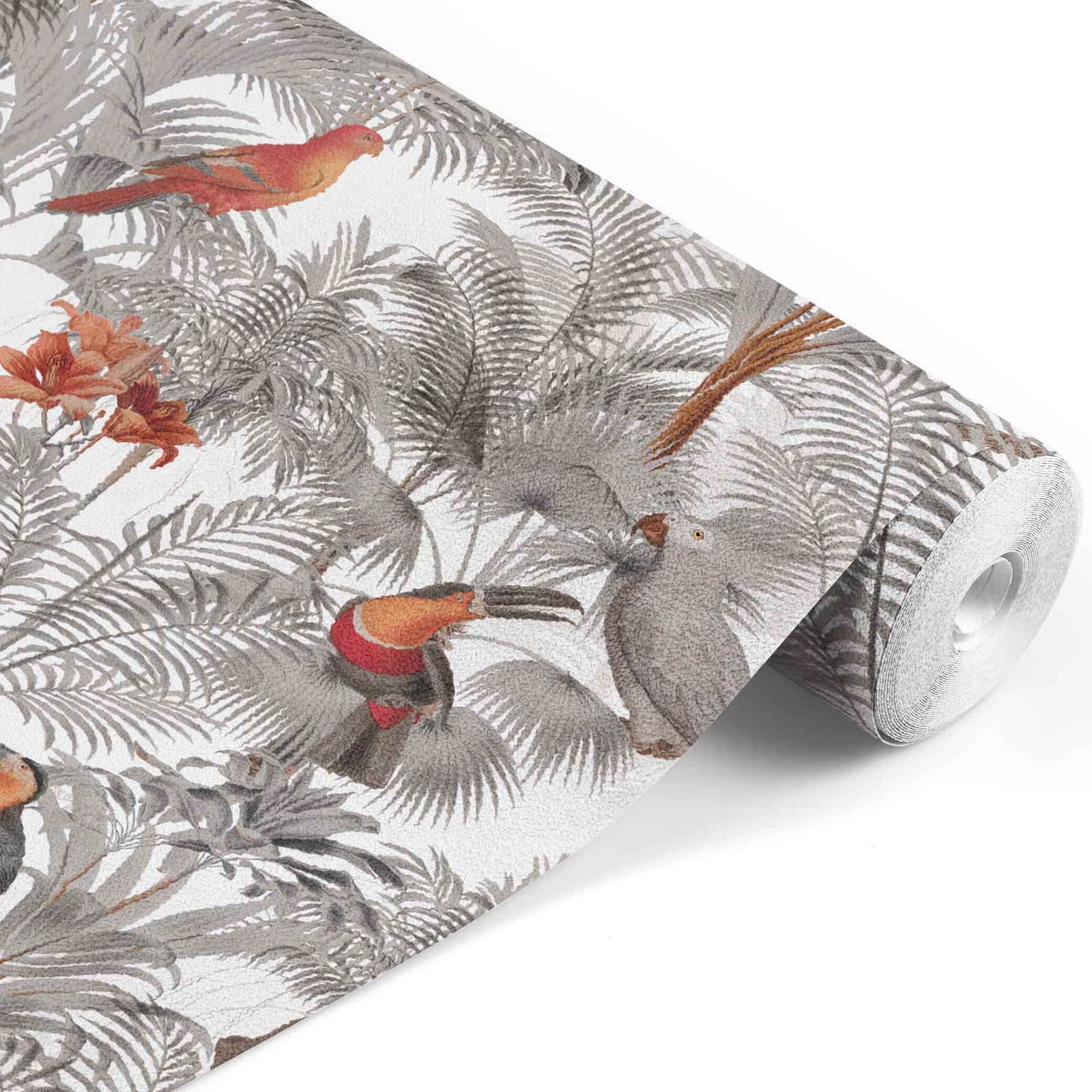 white_A wallpaper pattern featuring a tropical bird pattern with gray, white, and red colors on a white background.