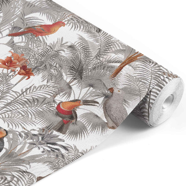 white_A wallpaper pattern featuring a tropical bird pattern with gray, white, and red colors on a white background.